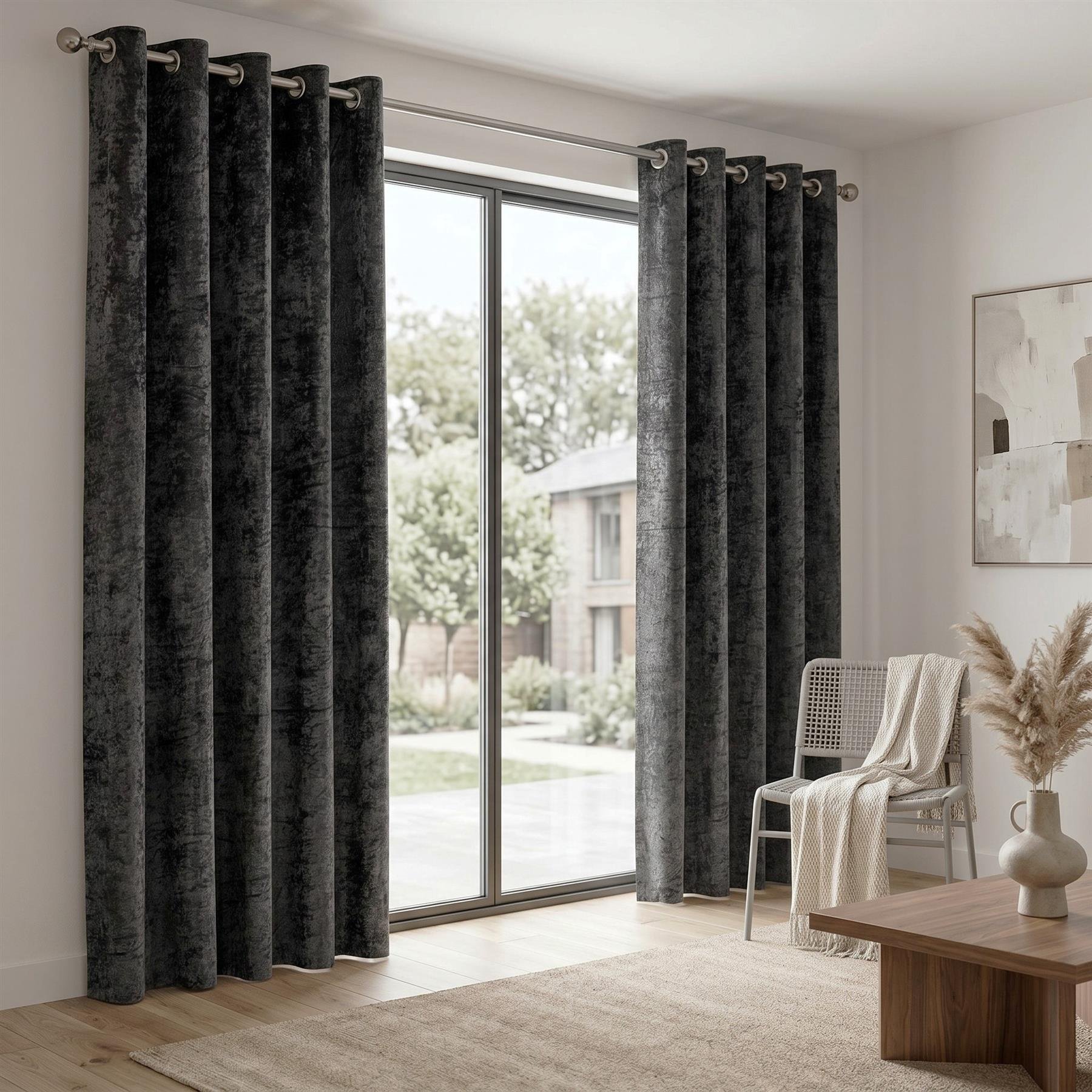 Luxury Living Crushed Velvet Lined Eyelet Curtains 168cm x 229cm - Charcoal