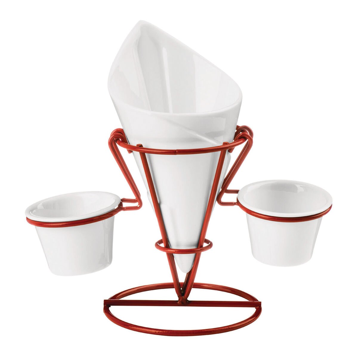 Orsina Hollywood French Fry Cone with 2 Dip Dishes and Stand – White and Red