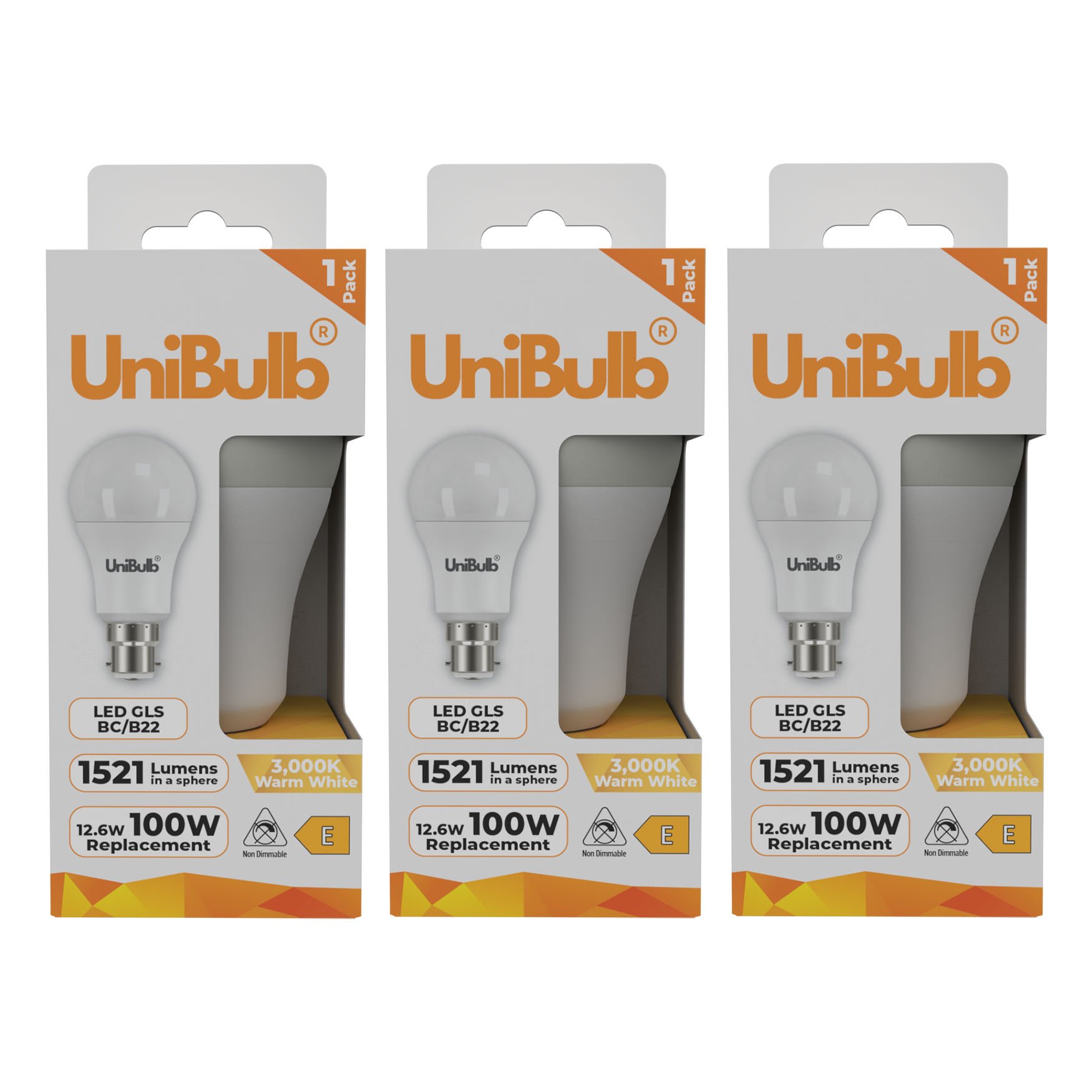 UniBulb 12.6W LED Warm White GLS B22 Light Bulb - Pack of 3