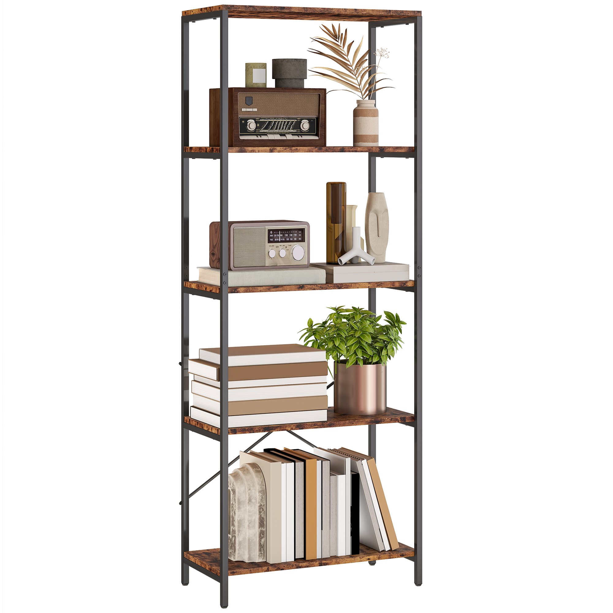 HOMCOM 5 Tier Floor Standing Book Shelf with Metal Frame - Rustic Brown