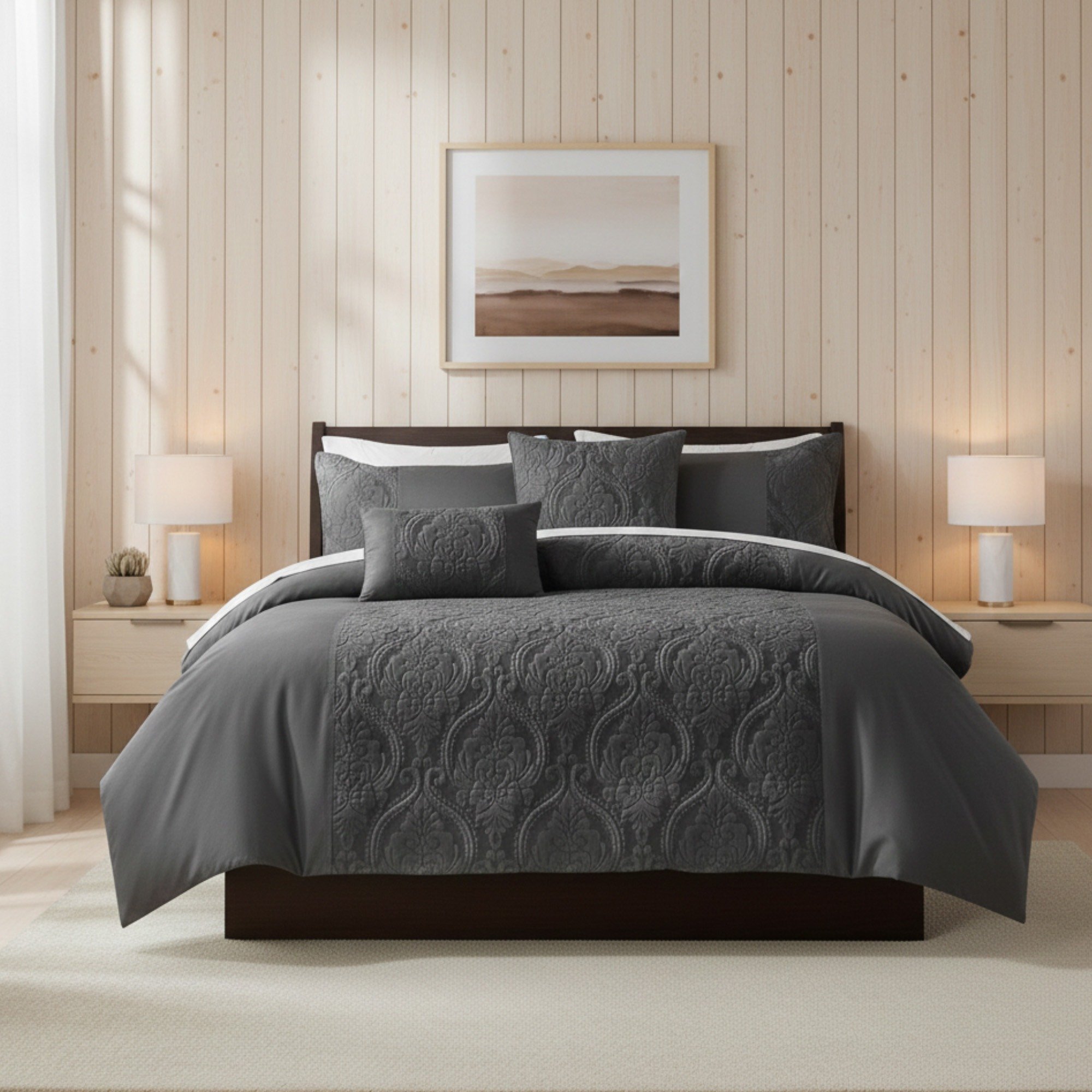Snug City Damask Velvet Border Duvet Cover Bedding Set - Single - Grey