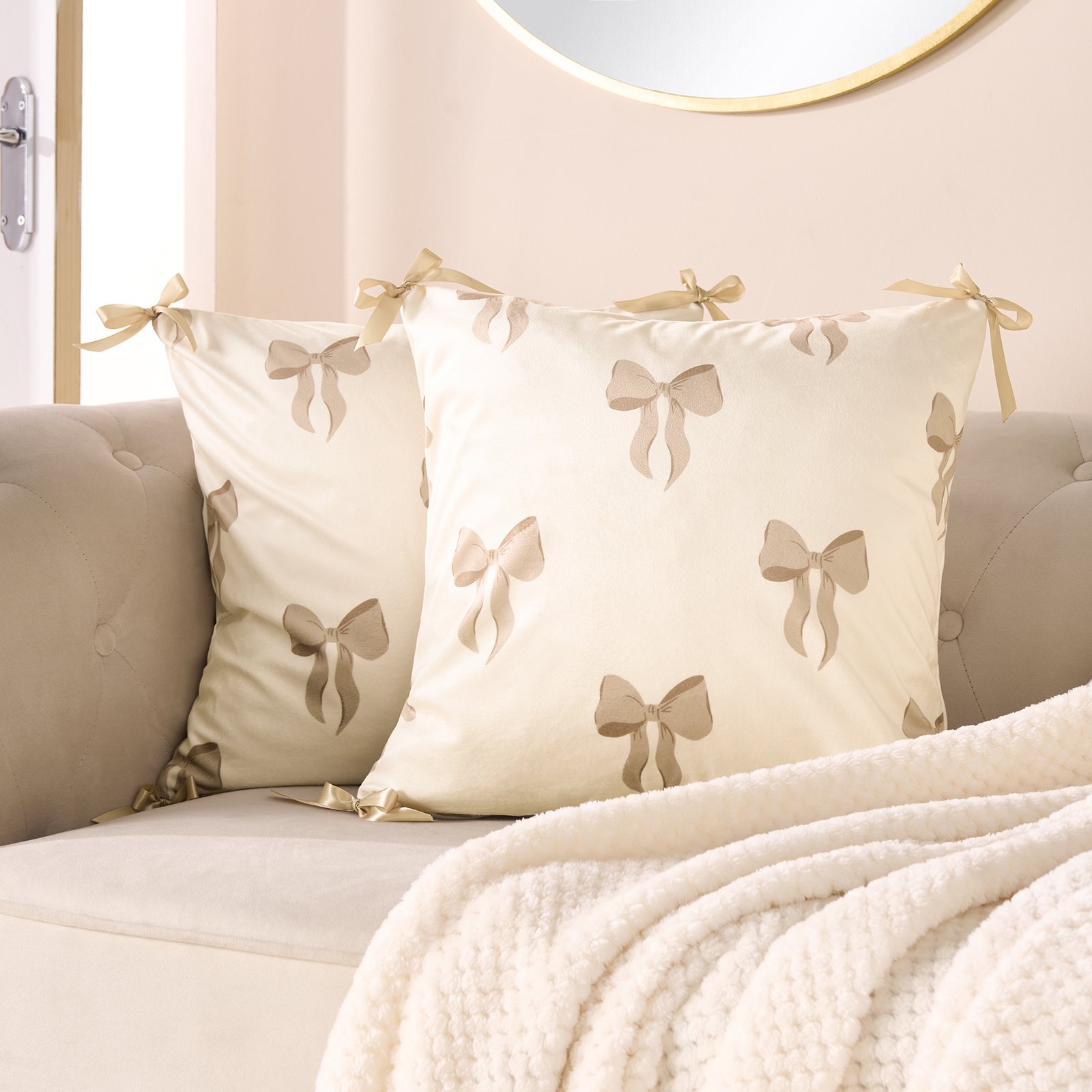OHS 2 Pack Bow Print Cushion Covers 45 x 45cm - Natural