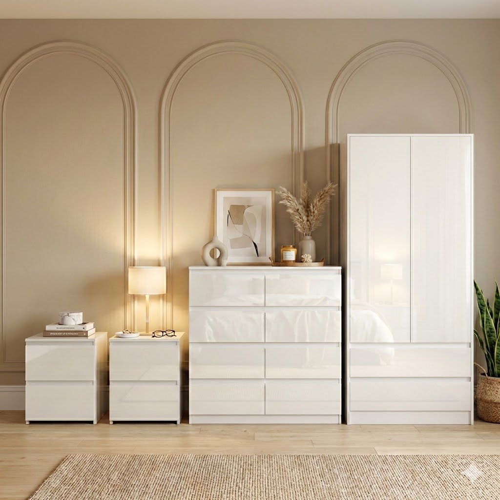 Vida Designs Glinton Bedroom Set (2x Bedside, 8 Drawer Chest, Wardrobe) - White