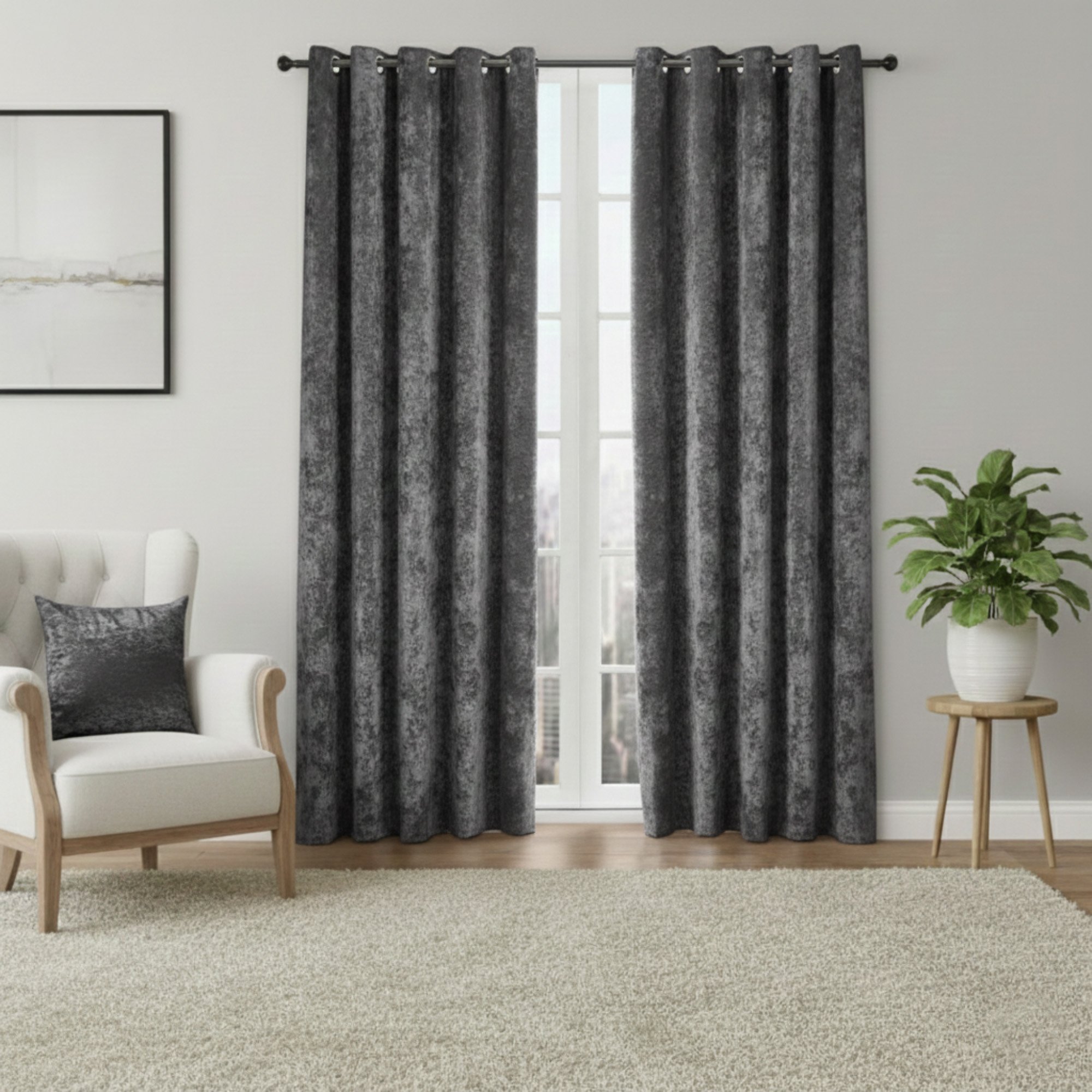 Snug City Crushed Velvet Soft Touch Eyelet Curtains – Charcoal – 168 x 229cm