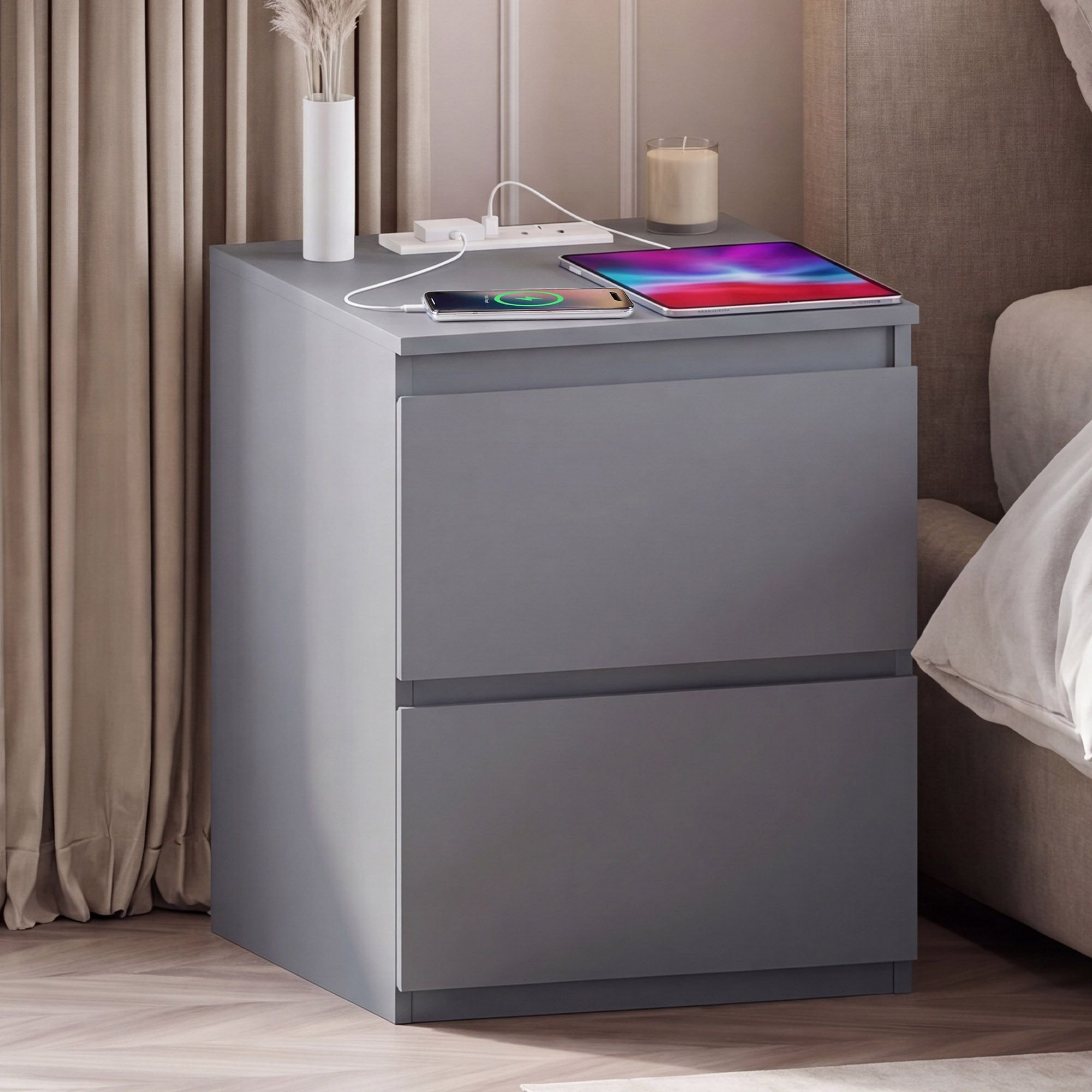 Vida Designs Denver 2 Drawer Large Bedside Chest with Power Outlet - Grey