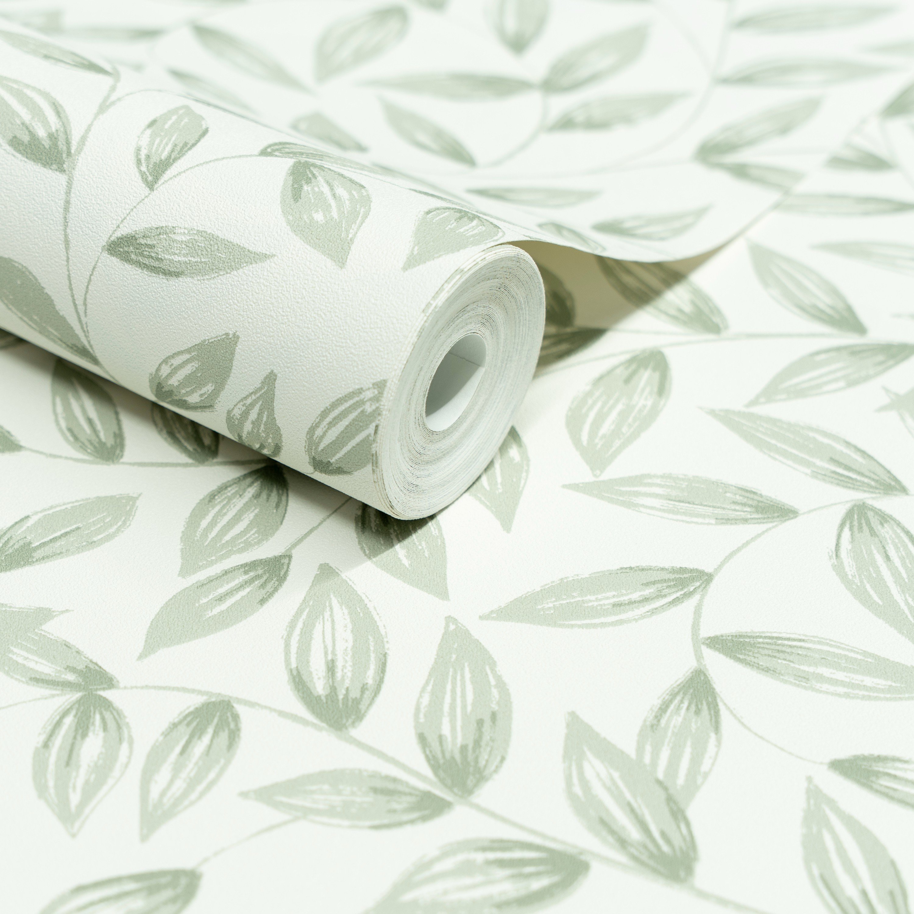 Grandeco Jessy Hand painted Leaf Trail Textured Wallpaper - Sage Green