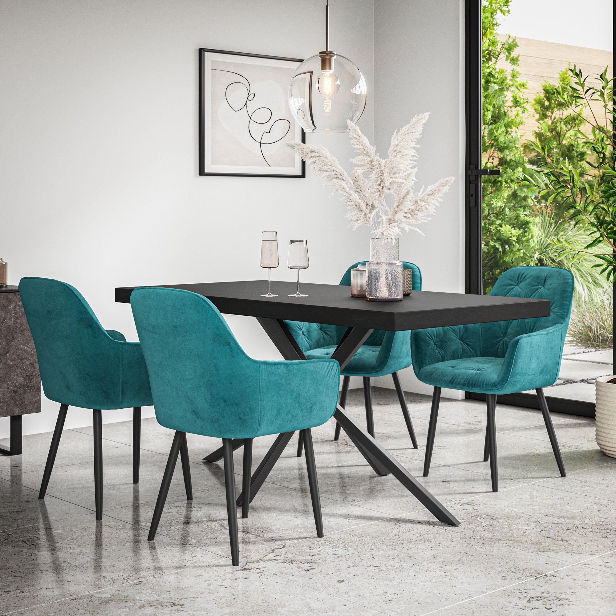 Furniture Online Donni Anika Black Top Dining Table & 6 Blue Chairs