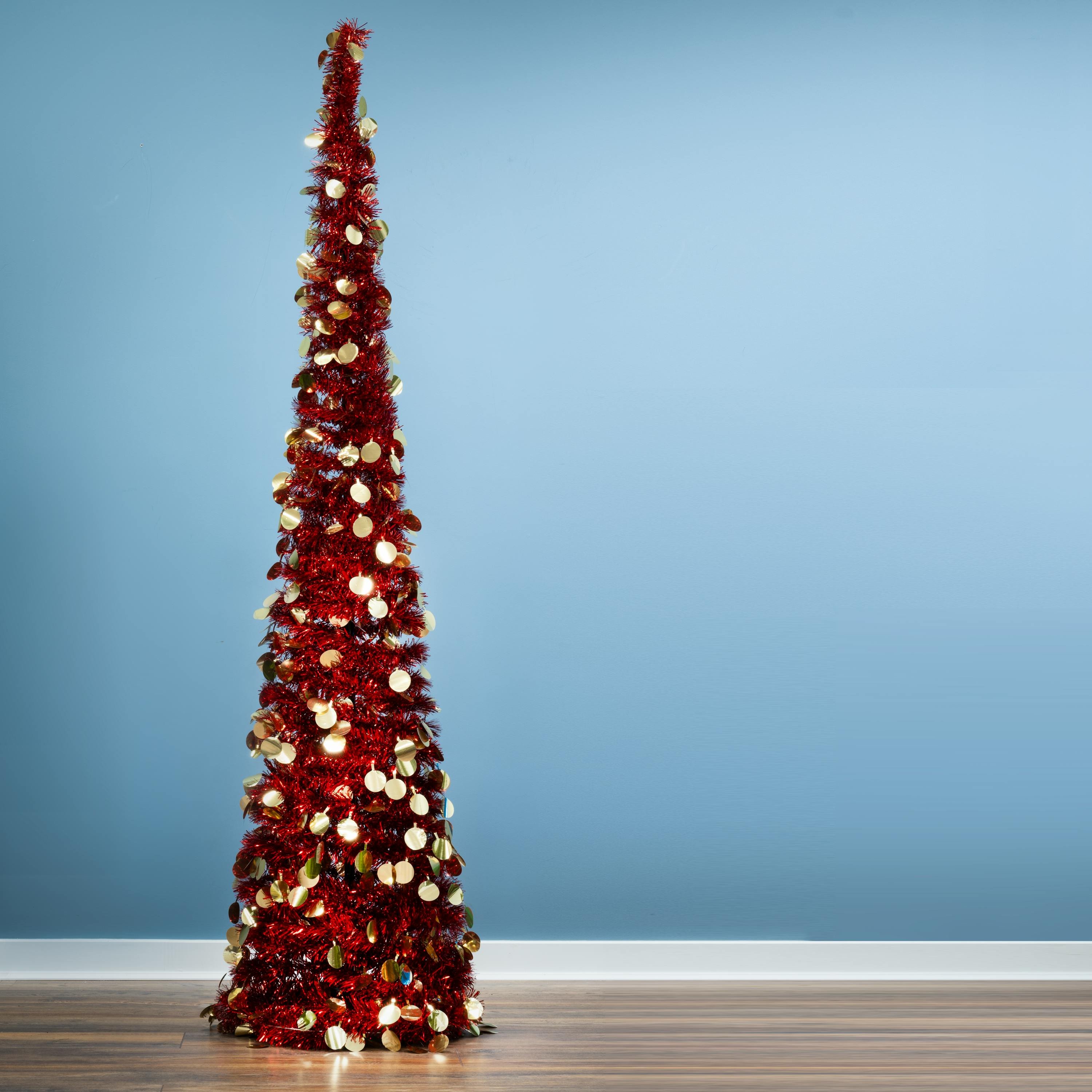 Christmas Tree World 7ft Slim Red Tinsel Pop-Up Christmas Tree