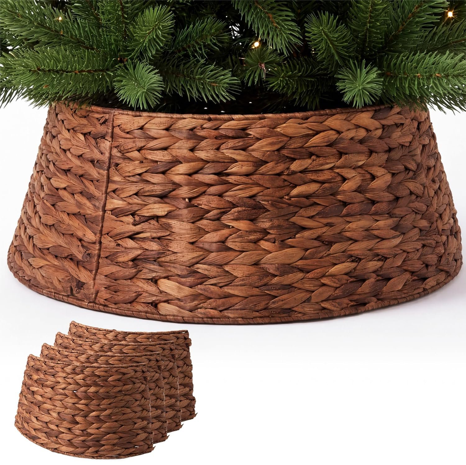 My Christmas Woven Tree Skirt Straw Folding Cover Decor - Brown