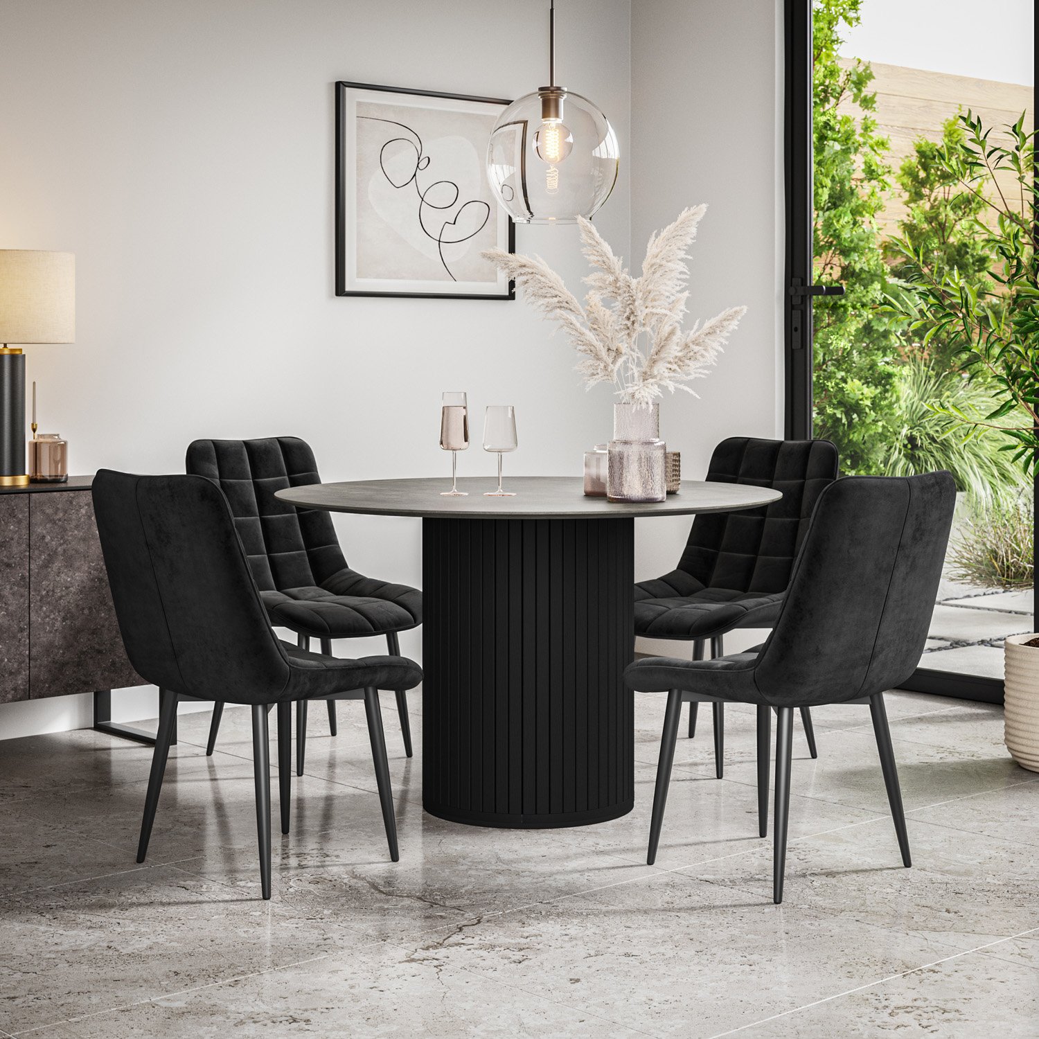Furniture Online Arlo Nova Concrete Top w Blk Legs Dining Table & 6 Black Chairs