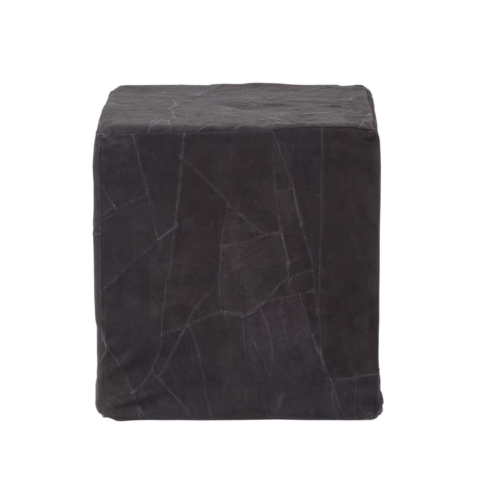Homescapes Patchwork Leather and Suede Cube Pouffe – 36 x 36 x 38 cm – Black