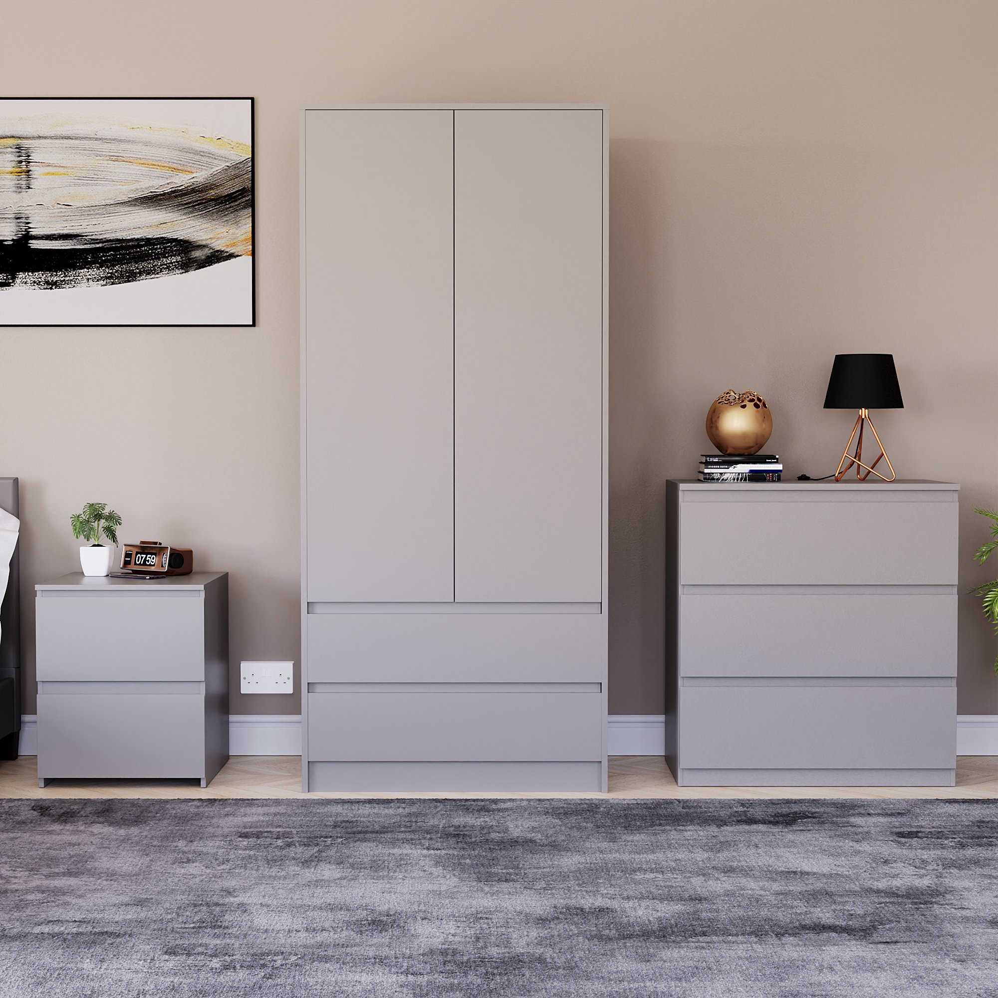 Vida Designs Denver Bedroom Set (Bedside, 3 Drawer Chest, 2x2 Wardrobe) - Grey