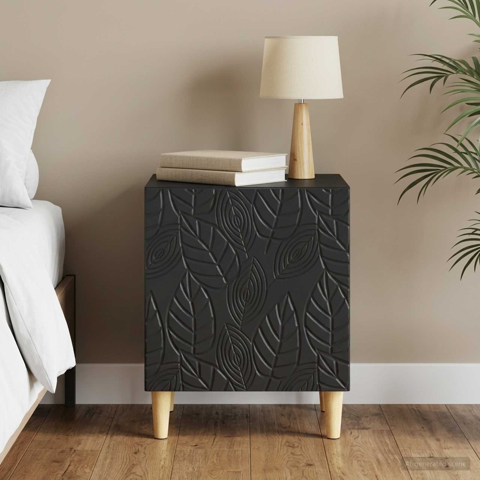 Walplus 1 Door Engineered Wood Bedside Table - Black - 43 x 34.5 x 50 cm