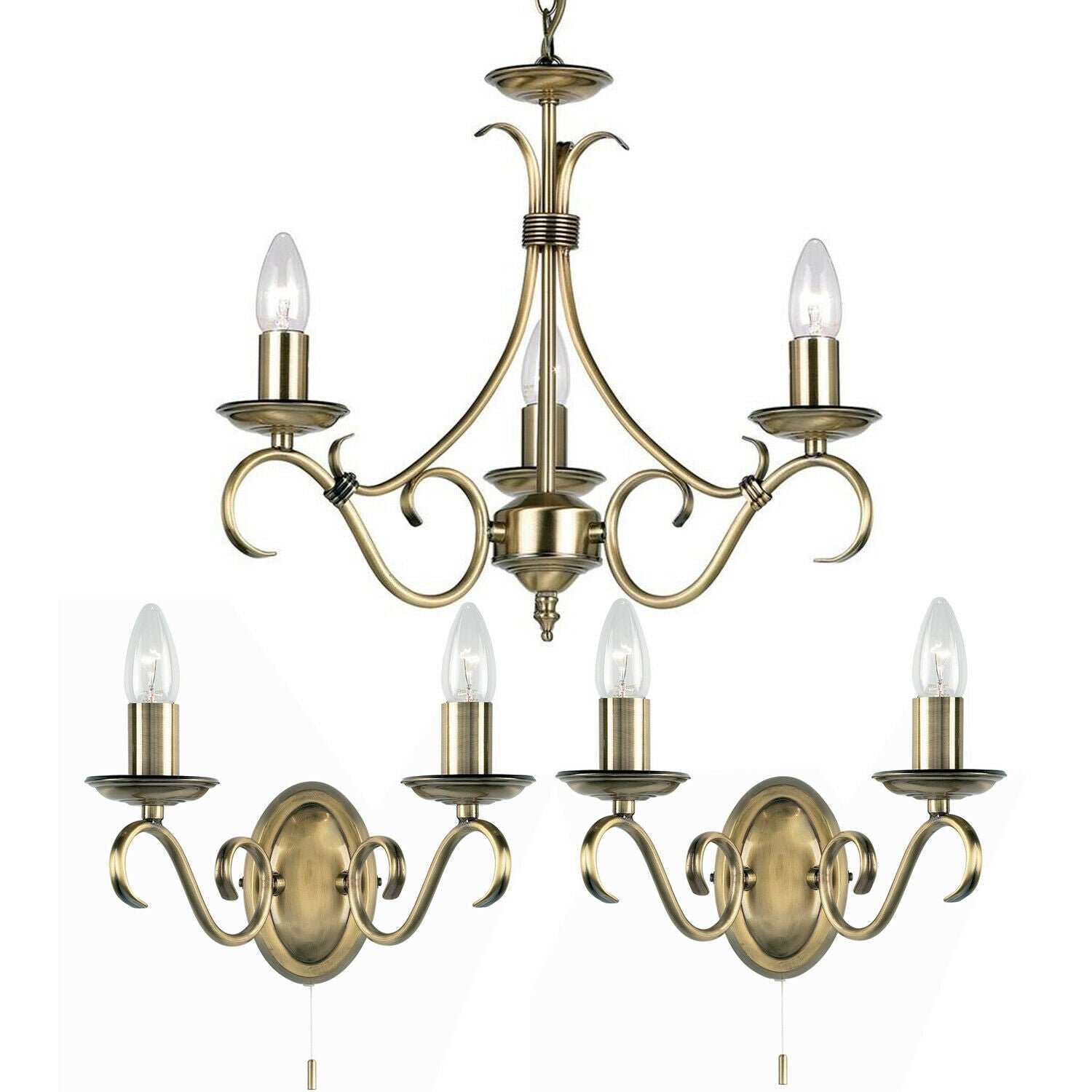 Loops Direct 3-Light Pendant and Twin Wall Lights - Antique Brass