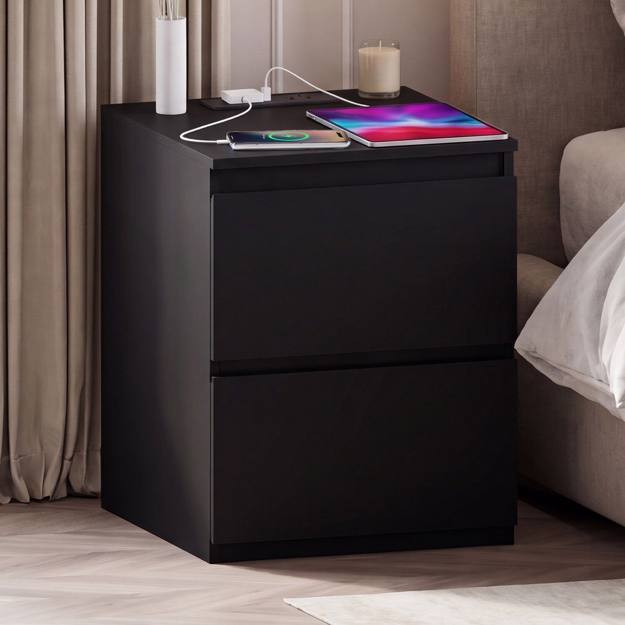 Vida Designs Denver 2 Drawer Large Bedside Chest with Power Outlet - Black