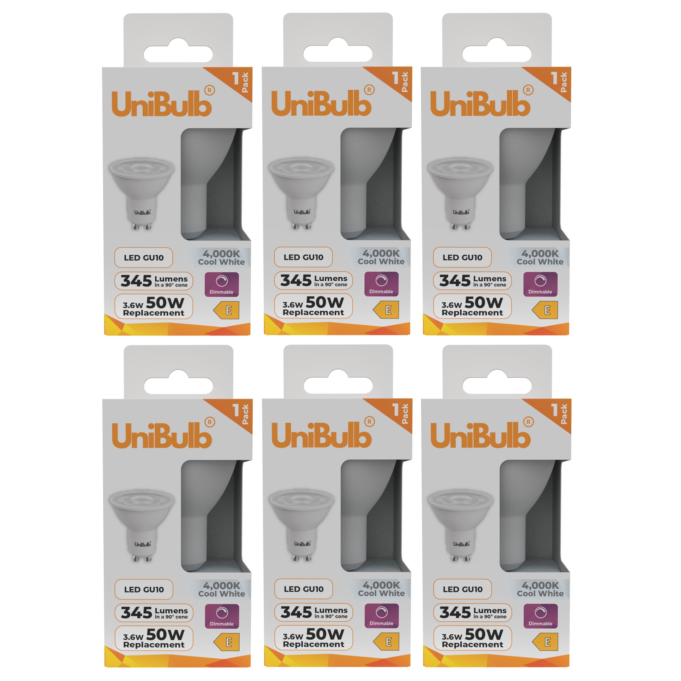 UniBulb 3.6W LED Cool White Dimmable Spotlight GU10 Light Bulb - Pack of 6