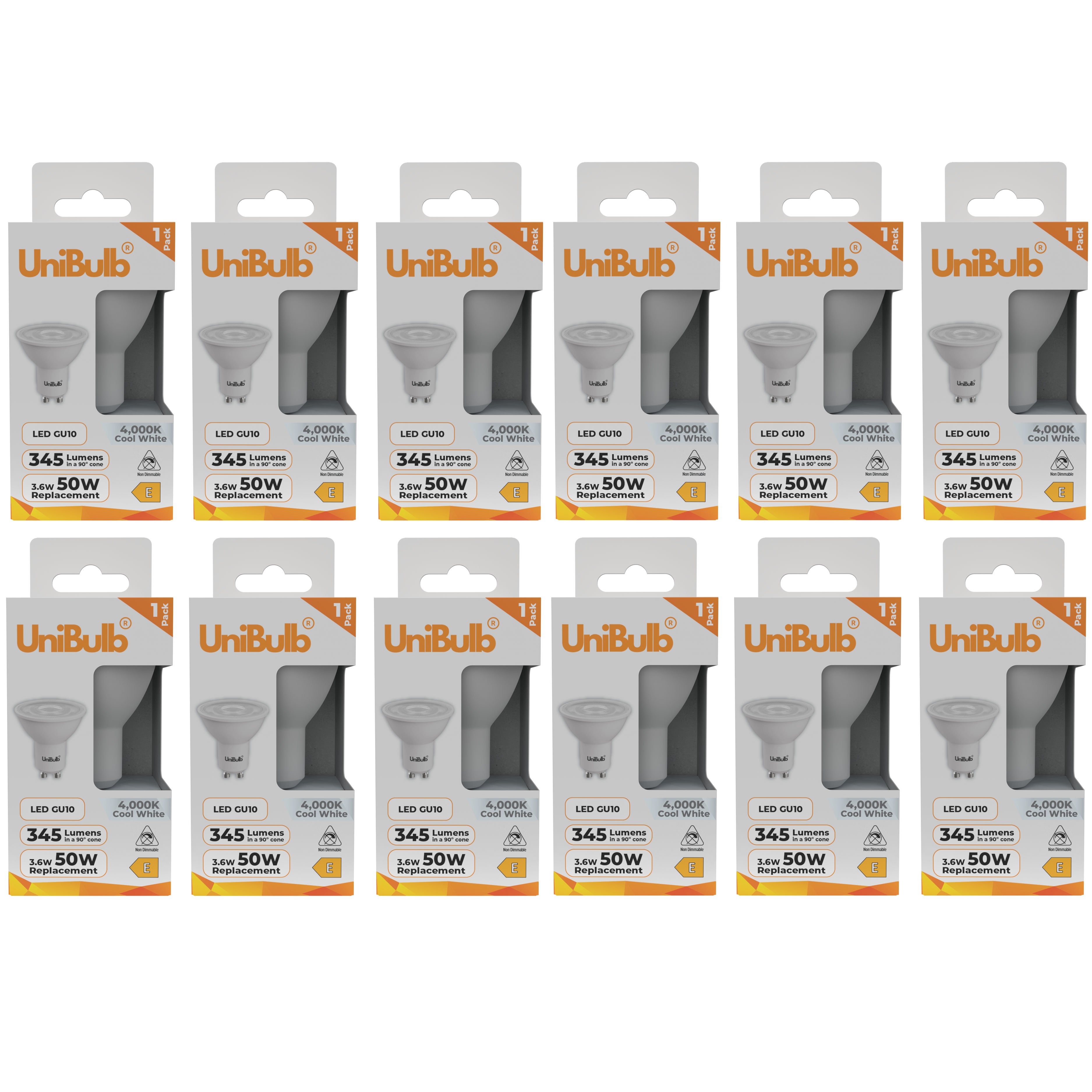 UniBulb 3.6W LED Cool White Spotlight GU10 Light Bulb - Pack of 12