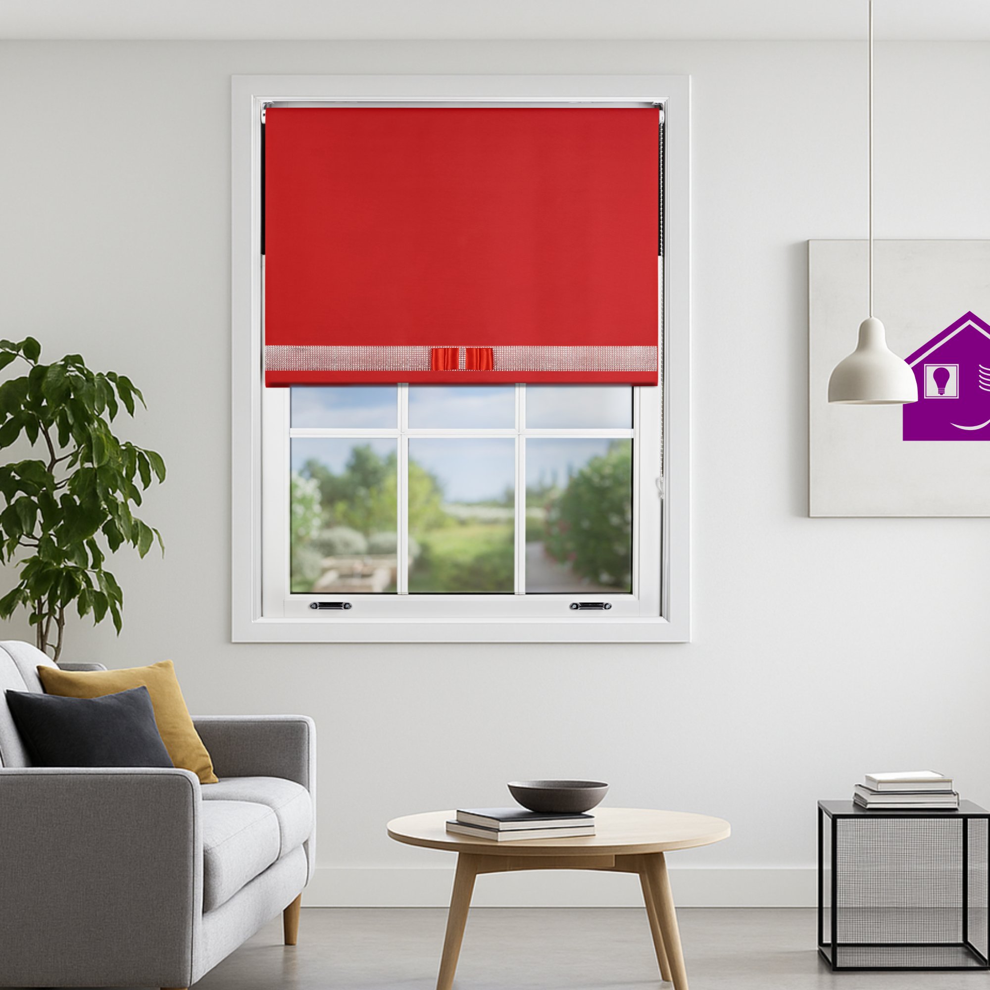 Furnished Red Blackout Roller Blind Diamante Strip and Bow - 60 x 165cm