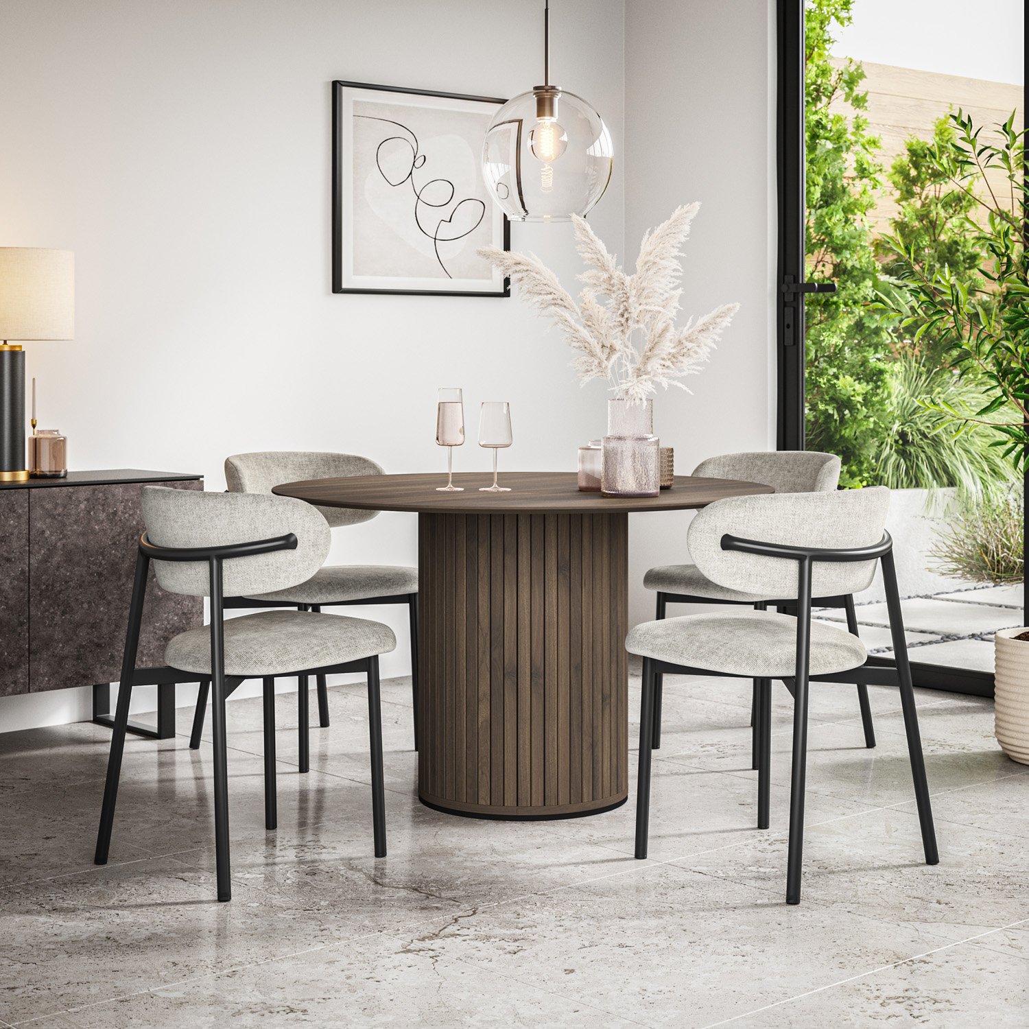 Furniture Online Arlo Myla Walnut Top w Wal Legs Dining Table & 6 Grey Chairs