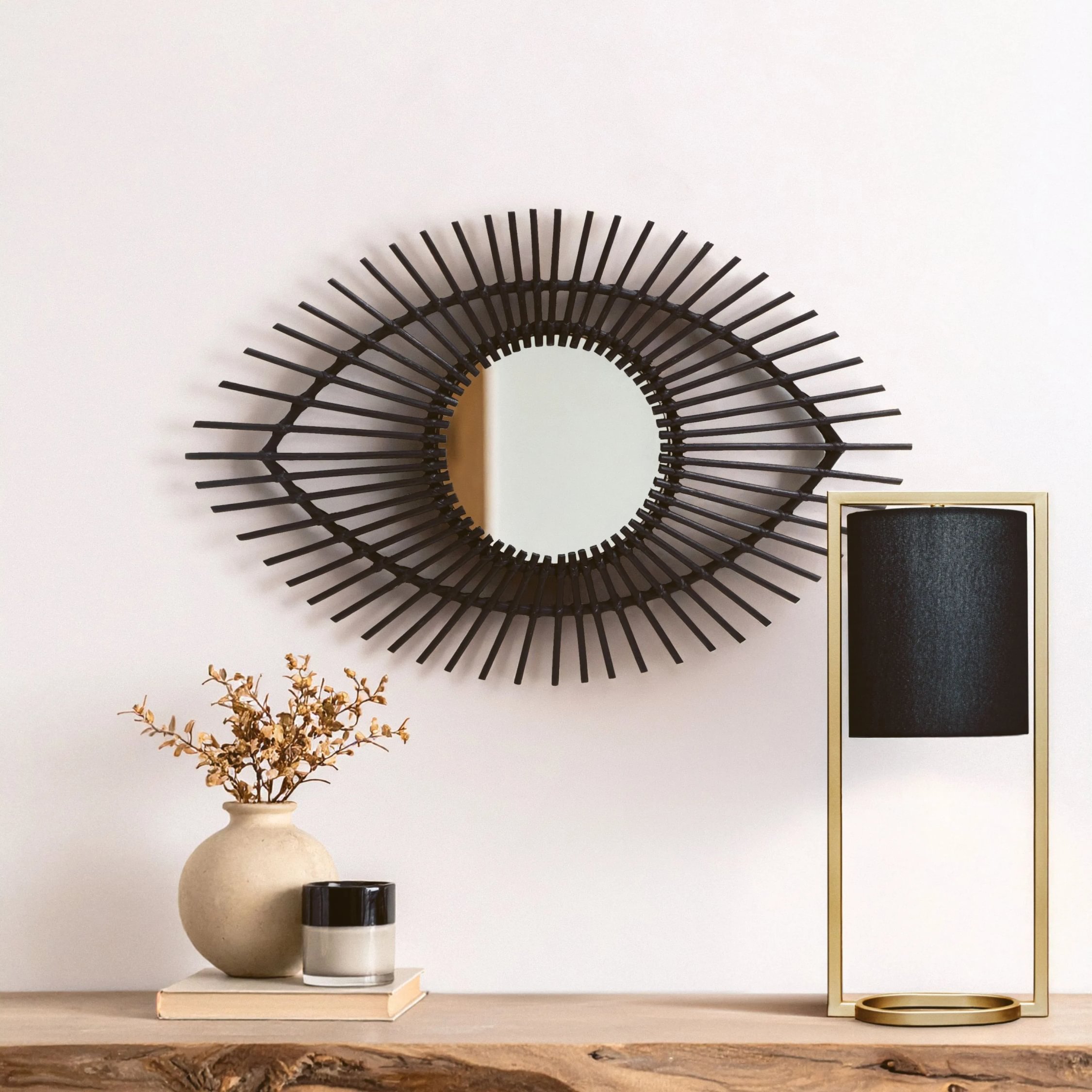 Orsina Mataram Black Rattan Eye Shape Wall Mirror – Natural