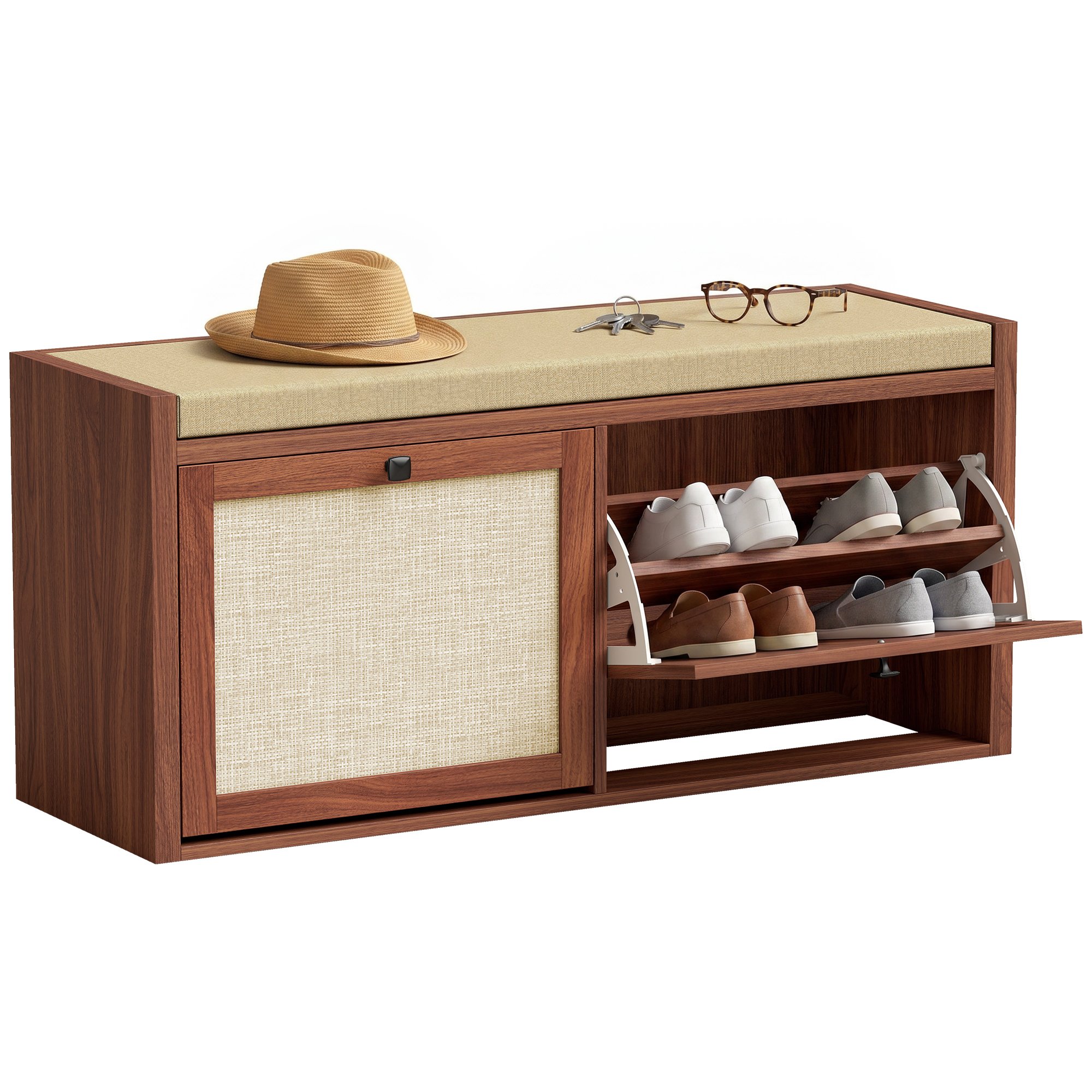HOMCOM Shoe Bench with 2 Rattan Doors and Padded Cushion Seat - Brown