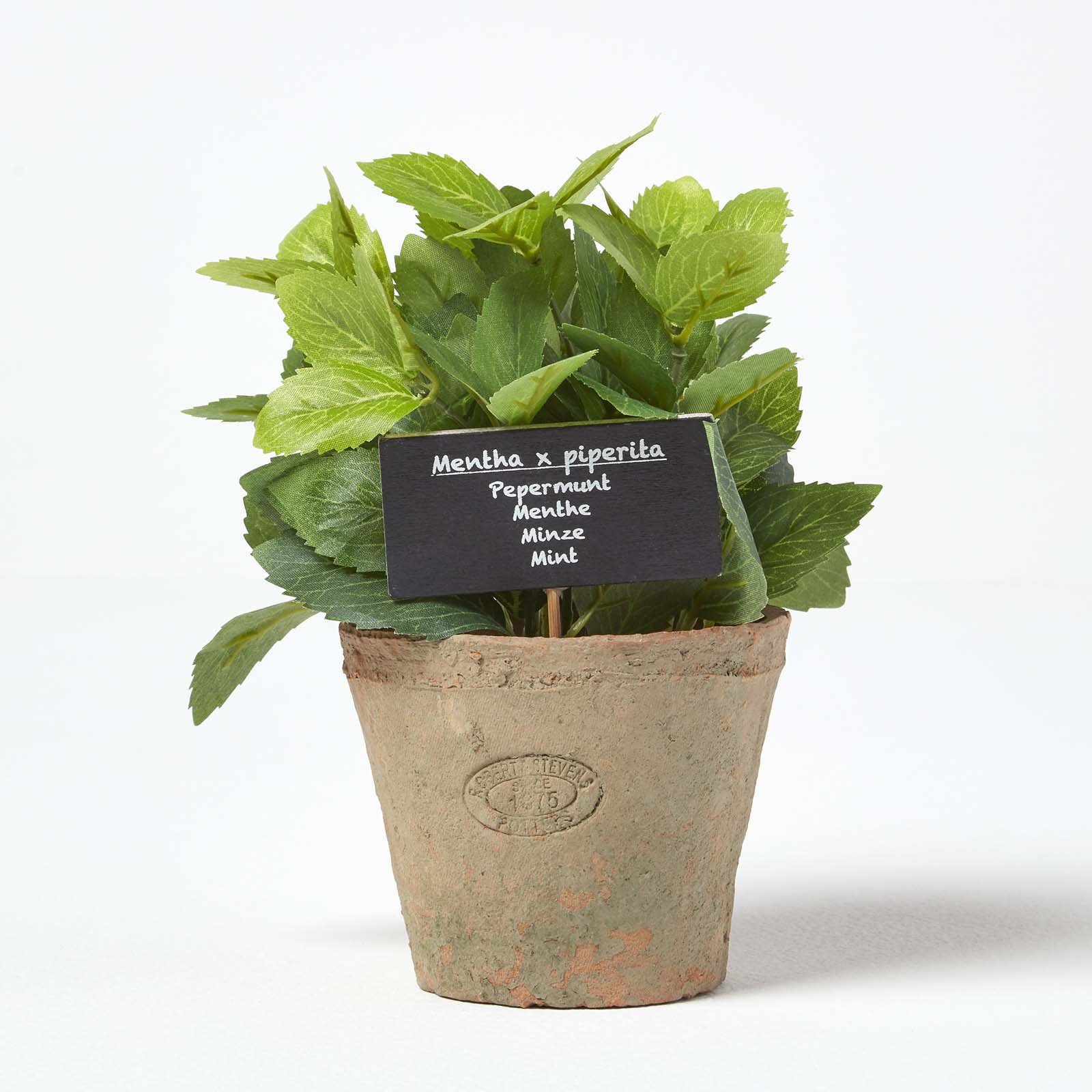 Homescapes Handcrafted Artificial Mint Plant in Aged Terracotta Pot - Orange