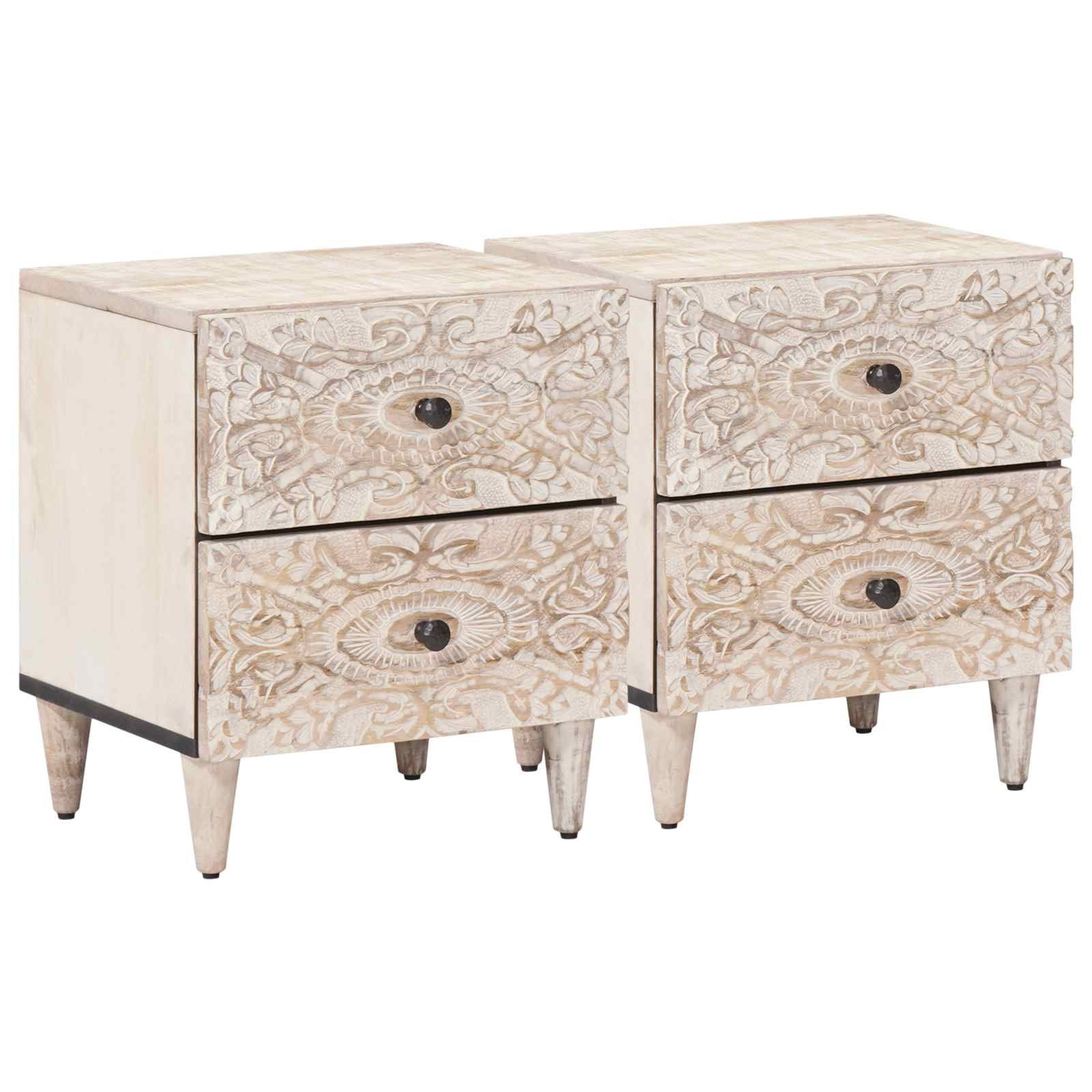 Walplus Pack of 2 Solid Wood Bedside Cabinet - White - 40 x 33.5 x 46 cm