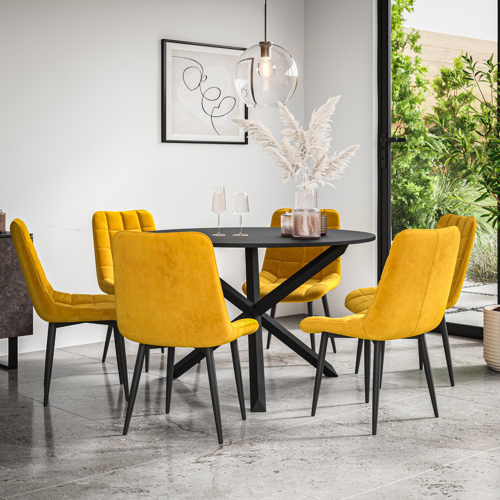 Furniture Online Malvern Nova Black Top Dining Table & 6 Mustard Chairs