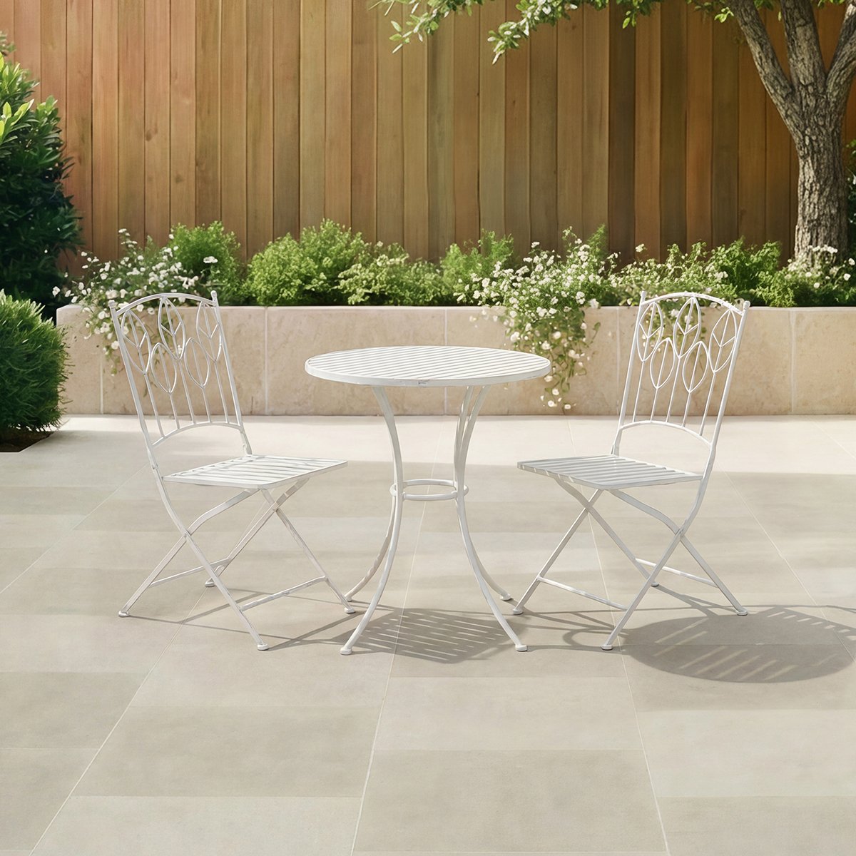 Charles Bentley Leaf Design Rustic Metal Garden Bistro Set - White