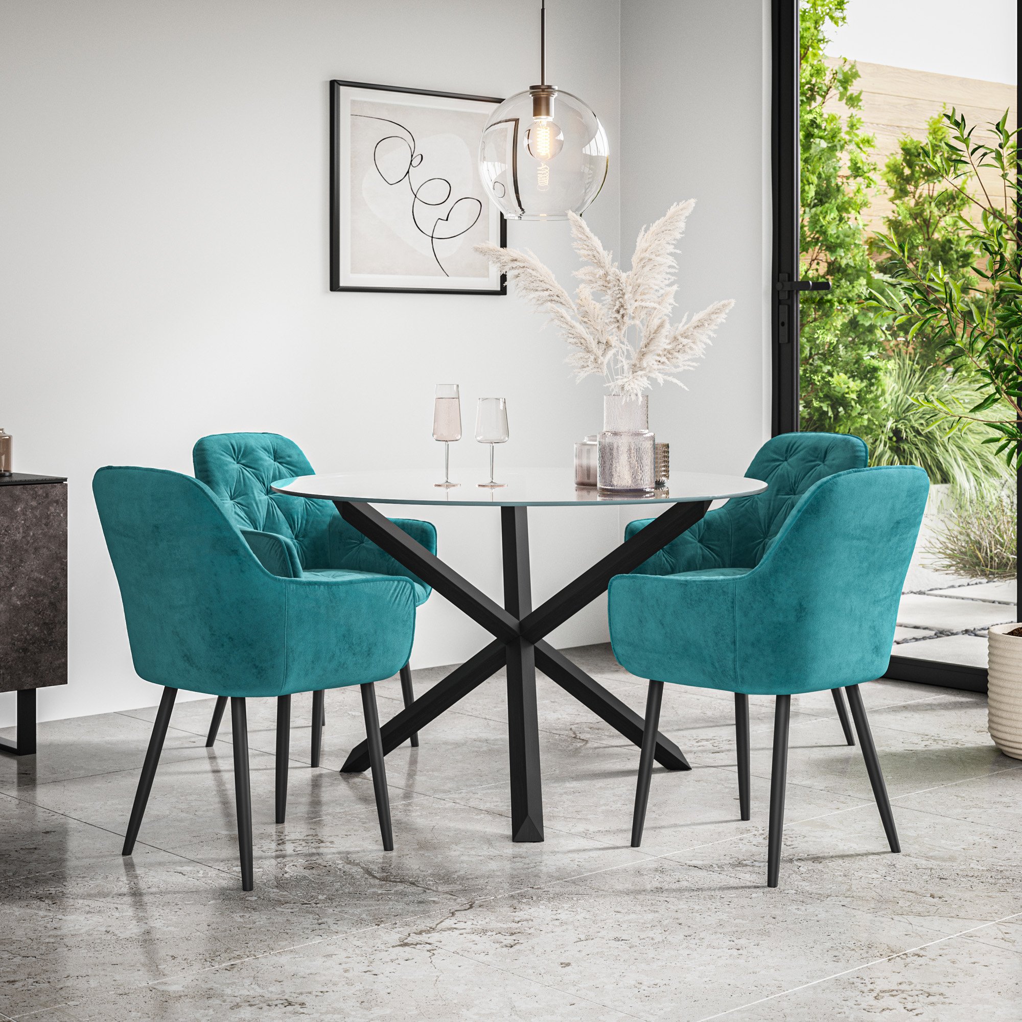 Furniture Online Malvern Anika Glass Top Dining Table & 4 Blue Chairs