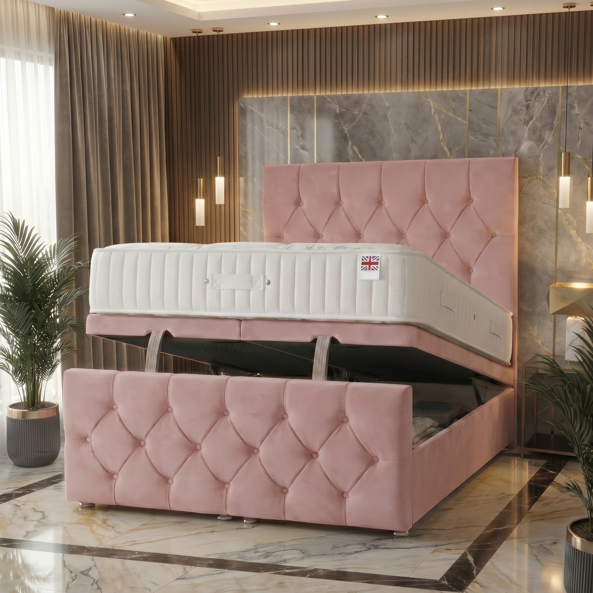 Somnior Chester Velvet Small Single Ottoman Bed with Ortho Mattress - Pink