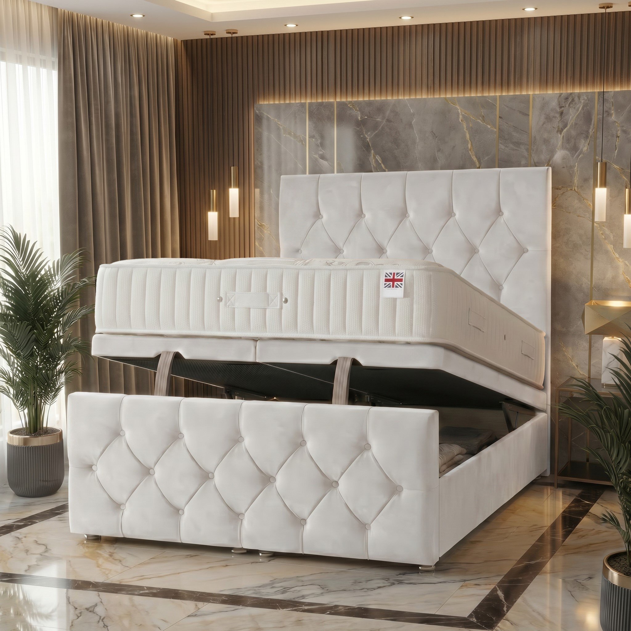 Somnior Chester Velvet King Ottoman Bed with Ortho Mattress - White