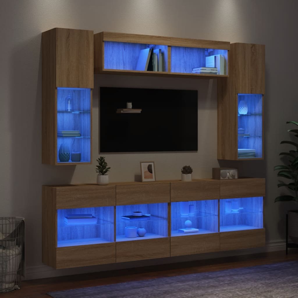 Walplus Pack of 6 LED TV Wall Unit - Light Oak - 98.5 x 30 x 60.5 cm