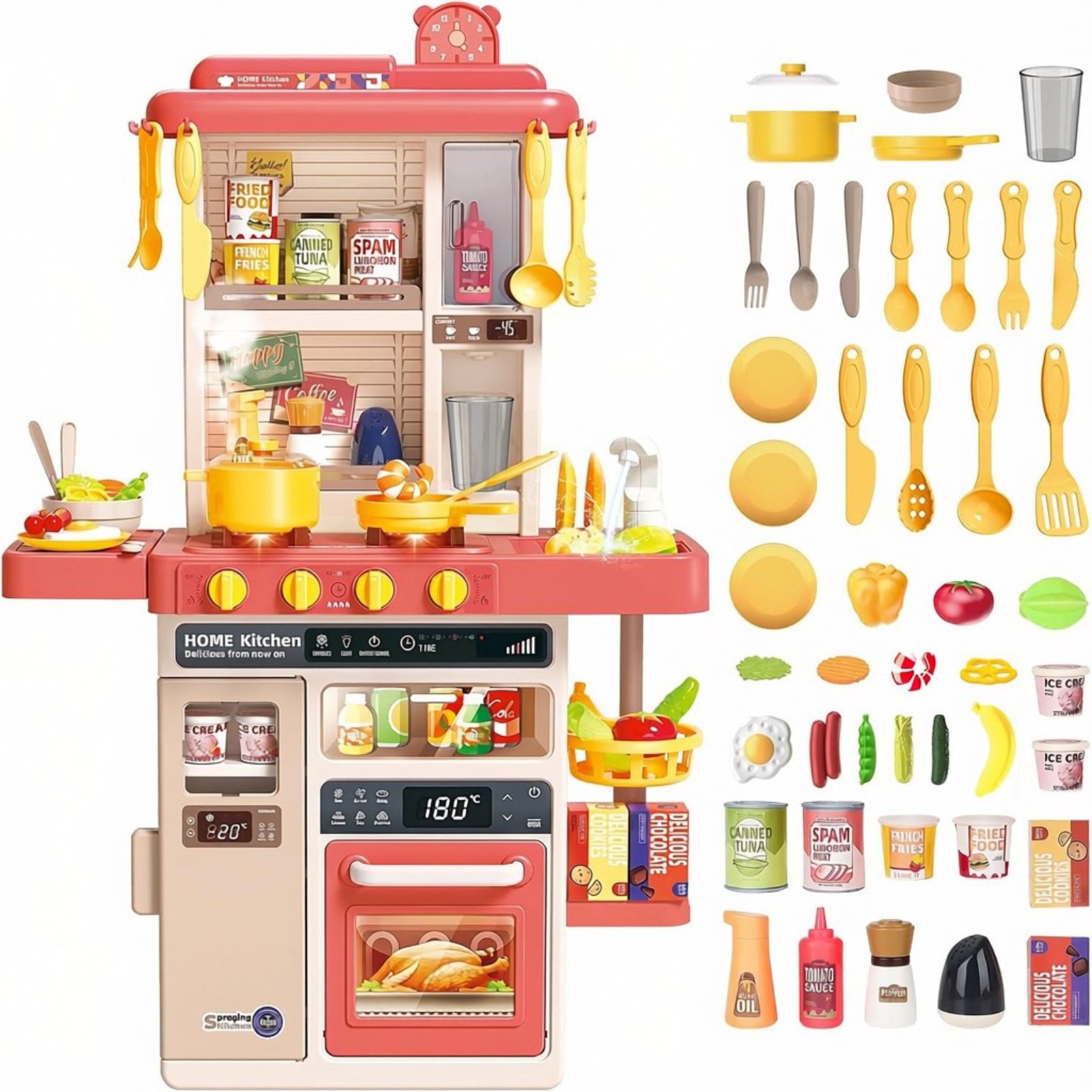 deAO Kitchen Playset Toy With Realistic Lights & Sounds - Pink