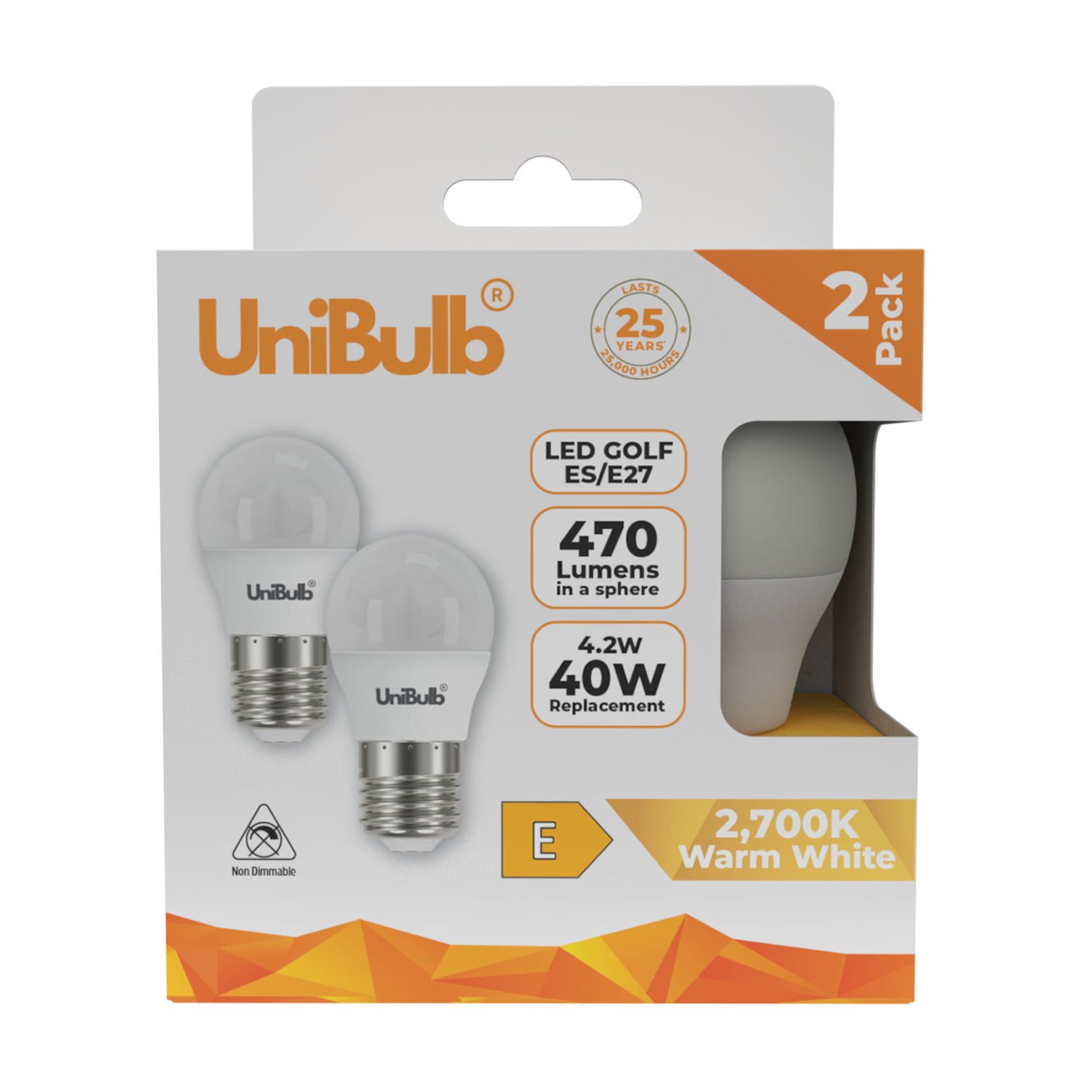 UniBulb 4.2W LED Warm White Golf Ball E27 Light Bulb - 2 Pack