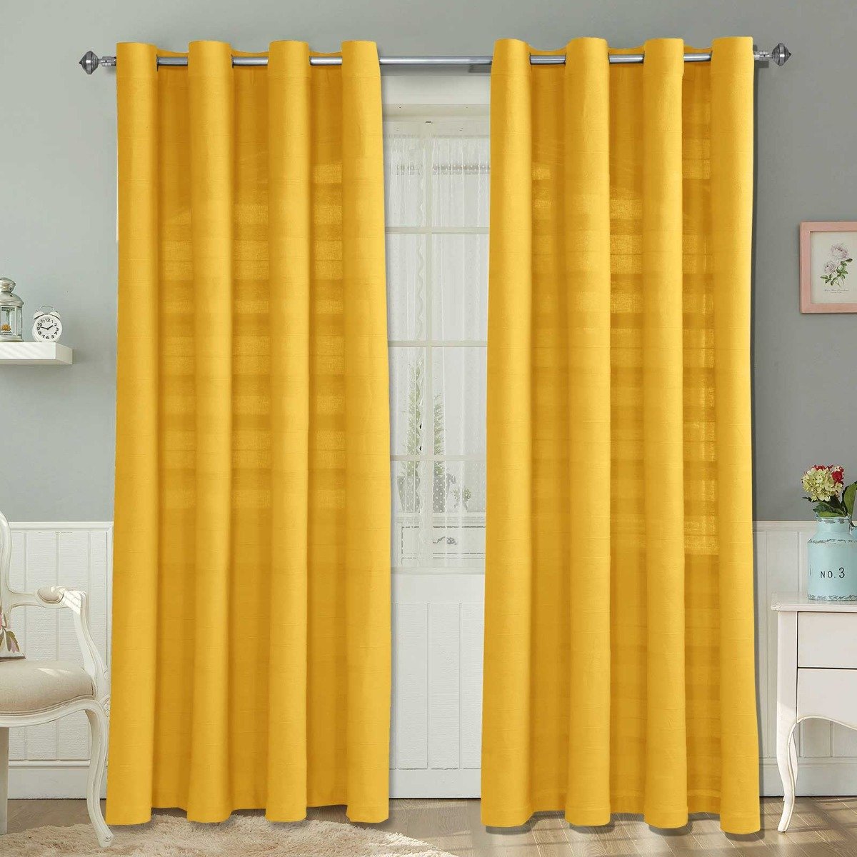 Homescapes Yellow Cotton Rajput Ribbed Curtains - 167cm x 228cm