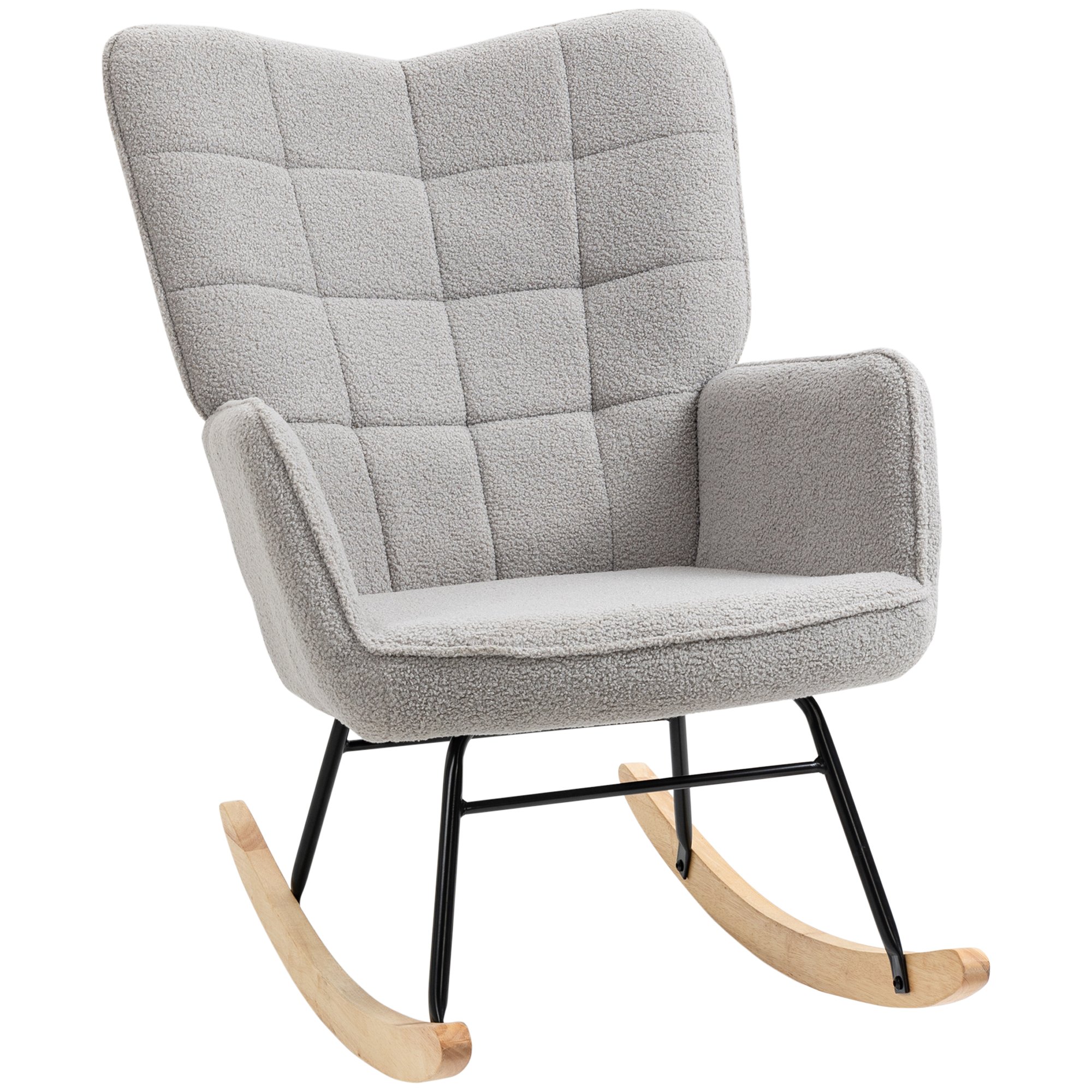 HOMCOM Upholstered Berber Fleece Wingback Rocking Chair - Light Grey