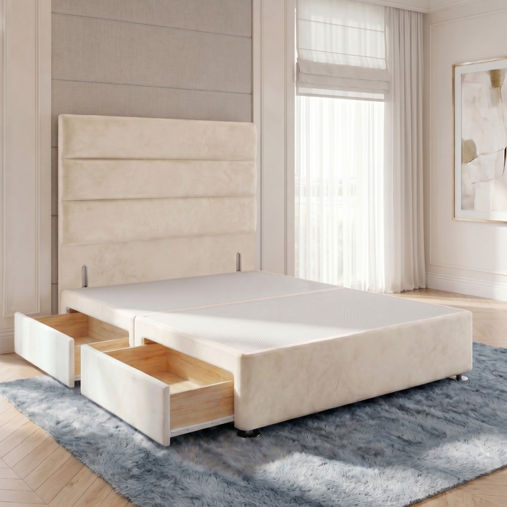 Somnior Regent Velvet Single 2 Drawer Divan Bed 54" Headboard - Ivory
