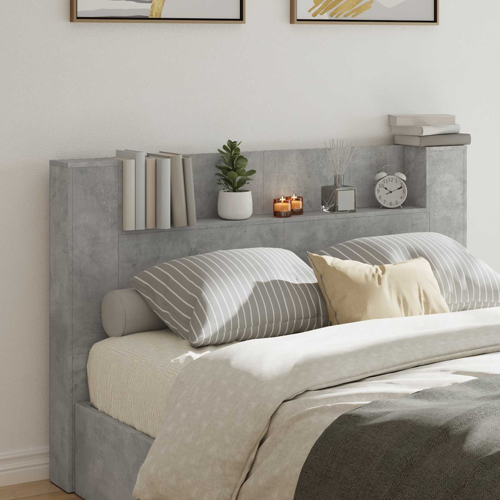 Walplus Wood LED Storage Headboard - Granite Grey - 160 x 16.5 x 103.5 cm