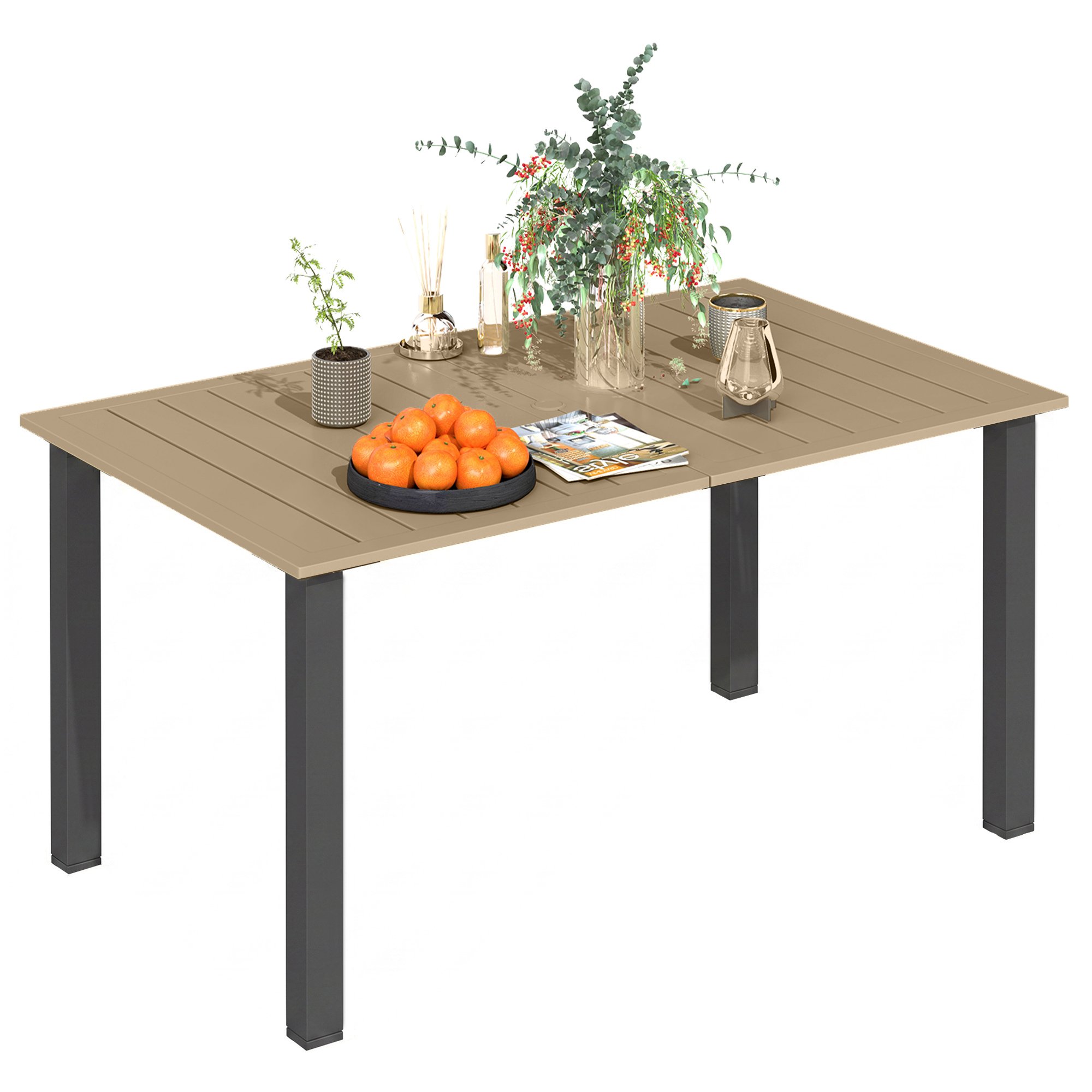 Outsunny Steel Garden Dining Tablel with Parasol Hole for 6 Person - Brown
