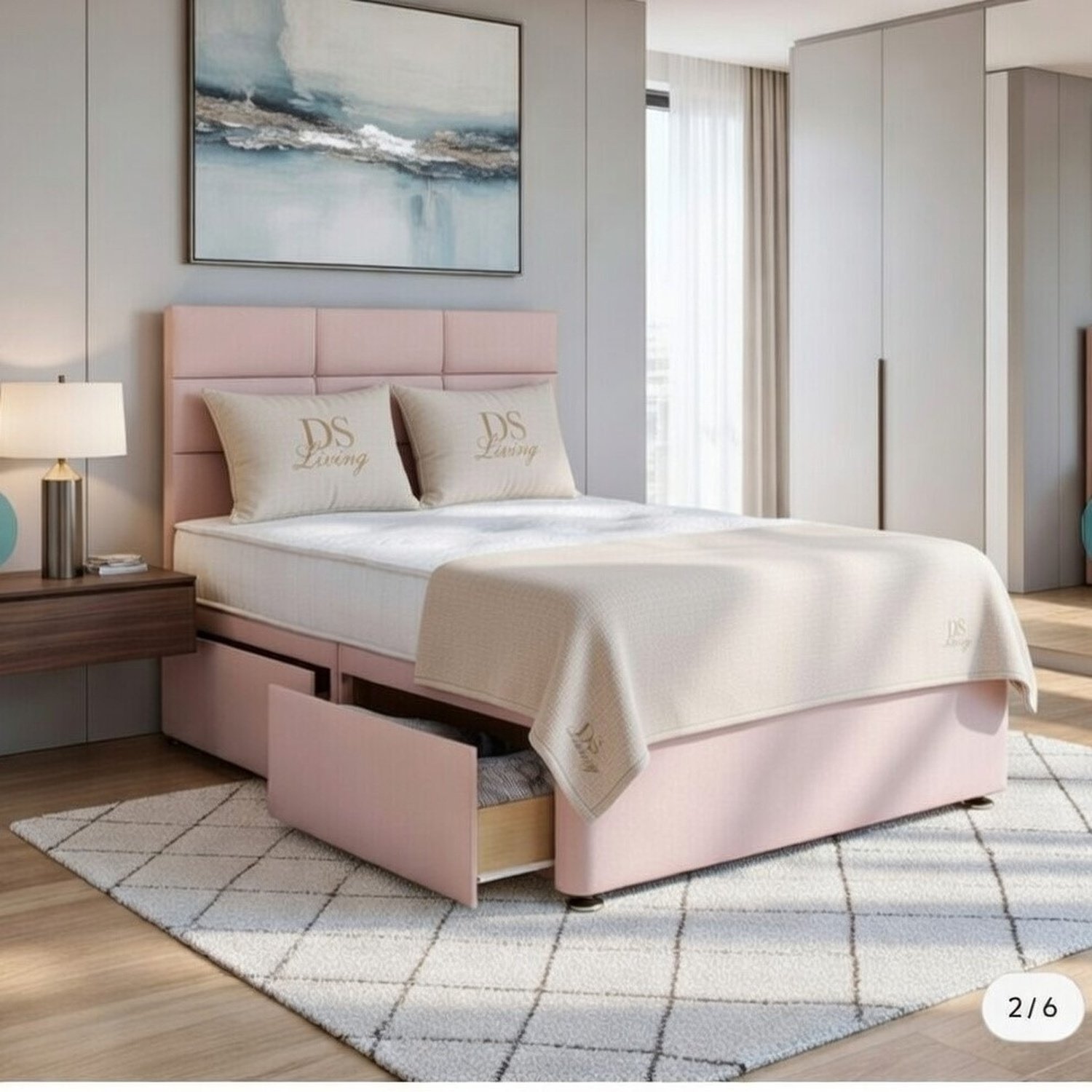 DS Living Opal Double 4 Drawer Upholstered Divan Bed Frame - Pink