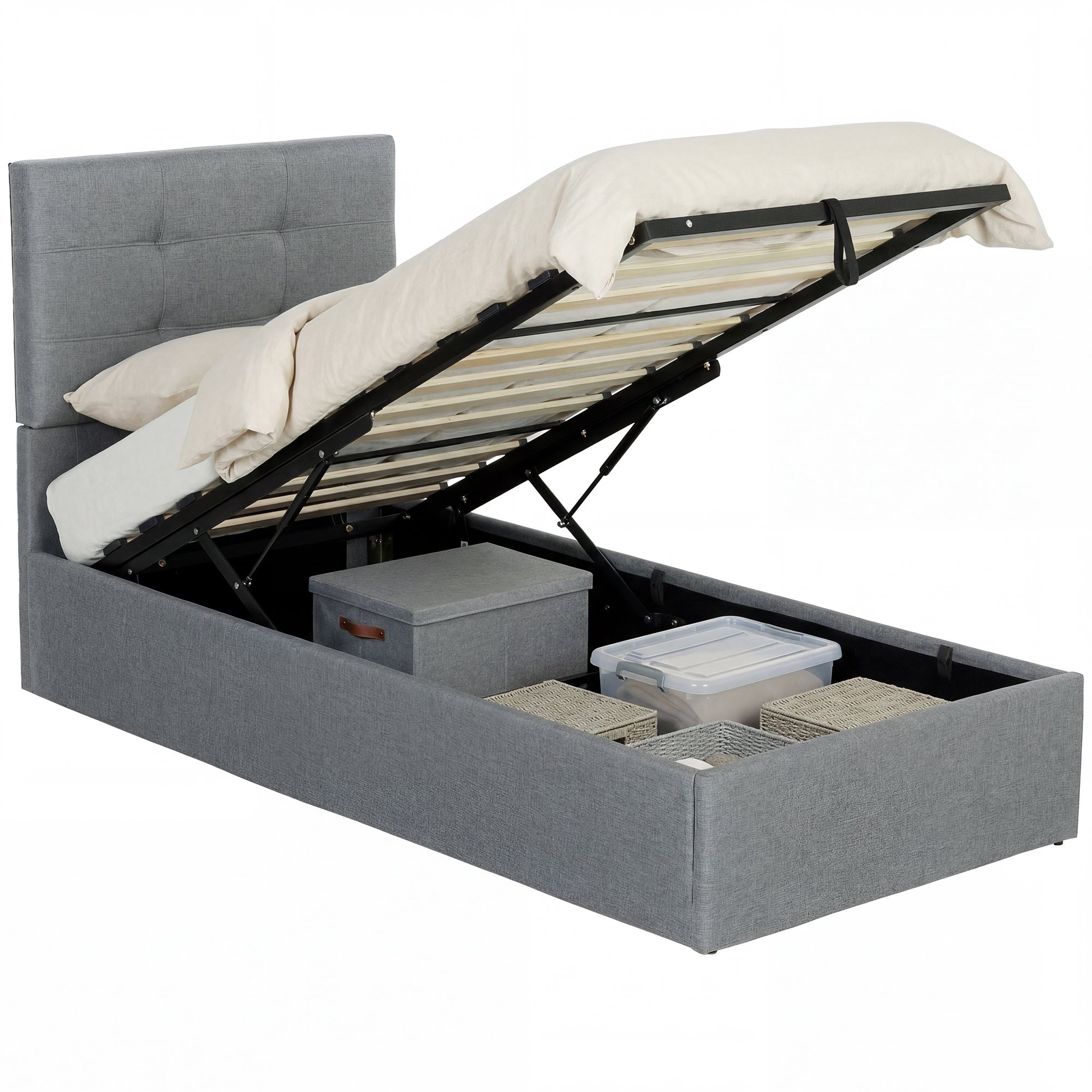 HOMCOM 3ft Single Ottoman Bed Frame with Gas Lift and Tufted Headboard - Grey