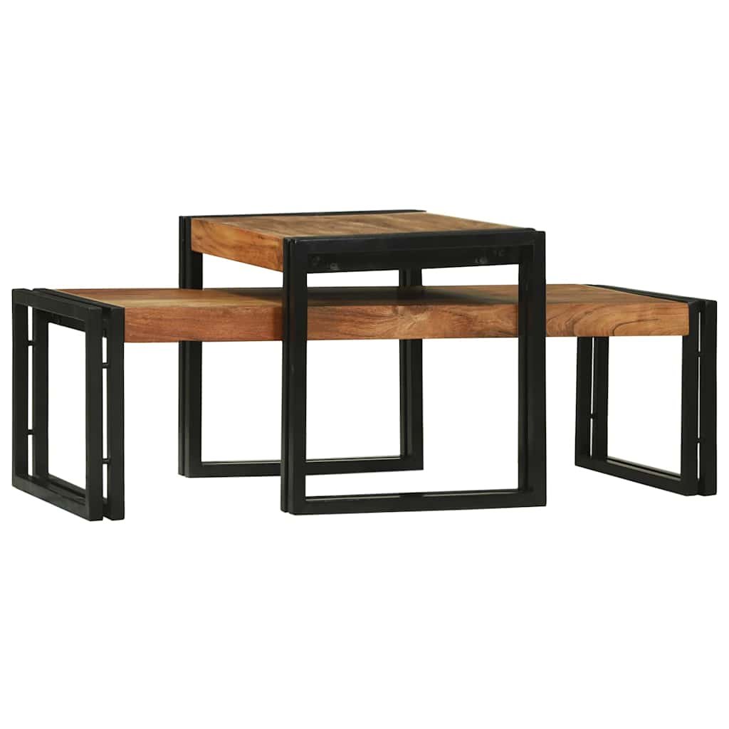Walplus Pack of 2 Solid Acacia Wood Coffee Table - Brown - 48 x 40 x 40 cm
