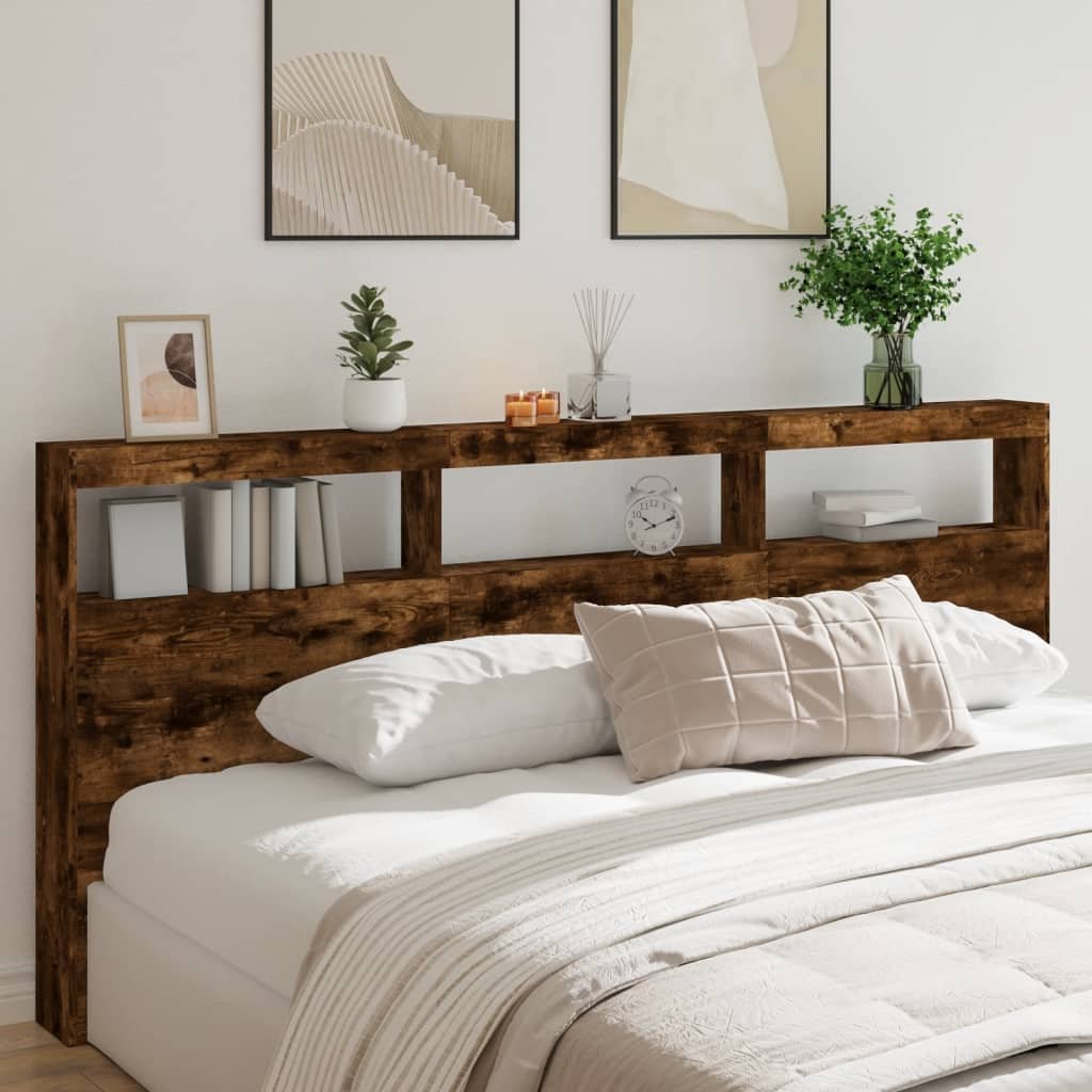 Walplus Engineered Wood LED Headboard Cabinet - Dark Oak - 220 x 17 x 102 cm