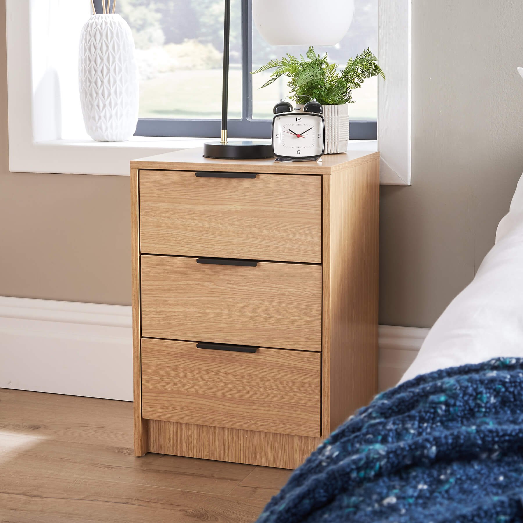 Home Source Phoenix 3 Drawer Bedside Table - Oak