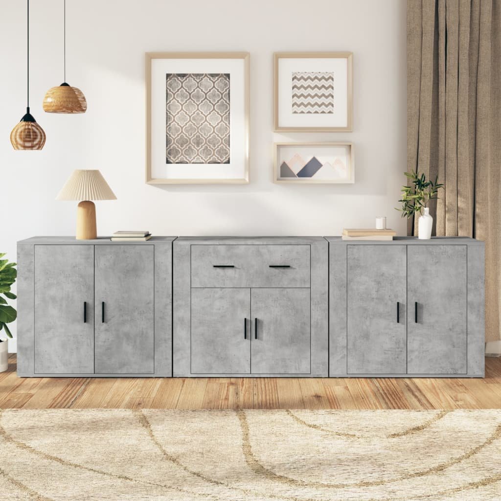 Walplus 3 Piece Engineered Wood Sideboard - Granite Grey - 80 x 33 x 70 cm