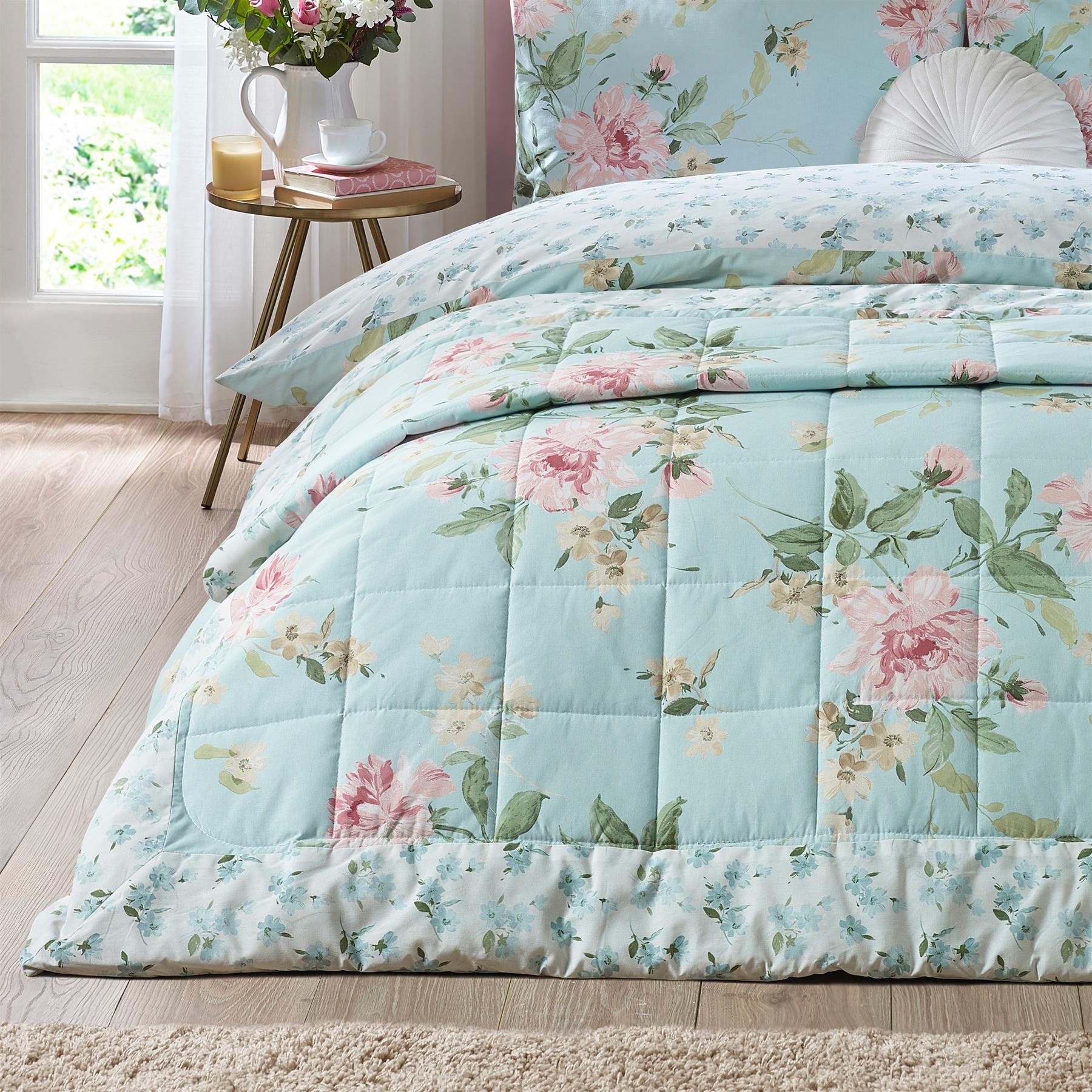 Catherine Lansfield Avebury Floral Bedspread 220 x 230cm - Duck Egg