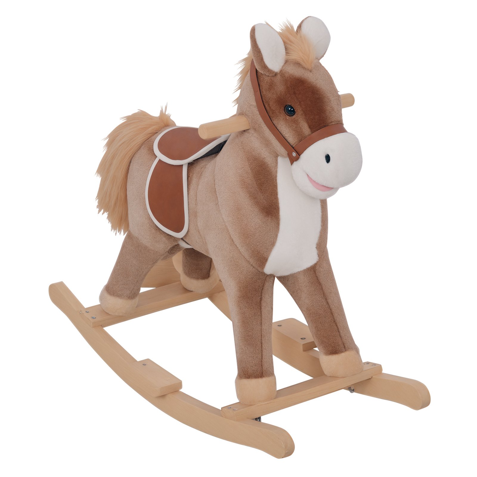 HOMCOM Plush Wooden Base Handle Grip Kids Rocking Horse - Brown and White