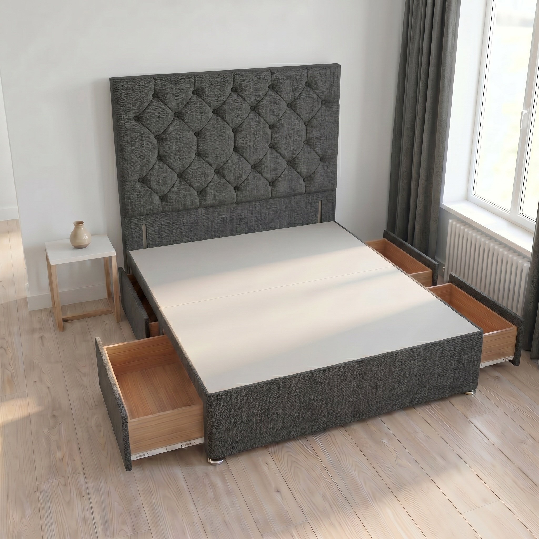 Somnior Diamante Linen 4FT Small Double 4 Drawer Divan Bed Base - Charcoal