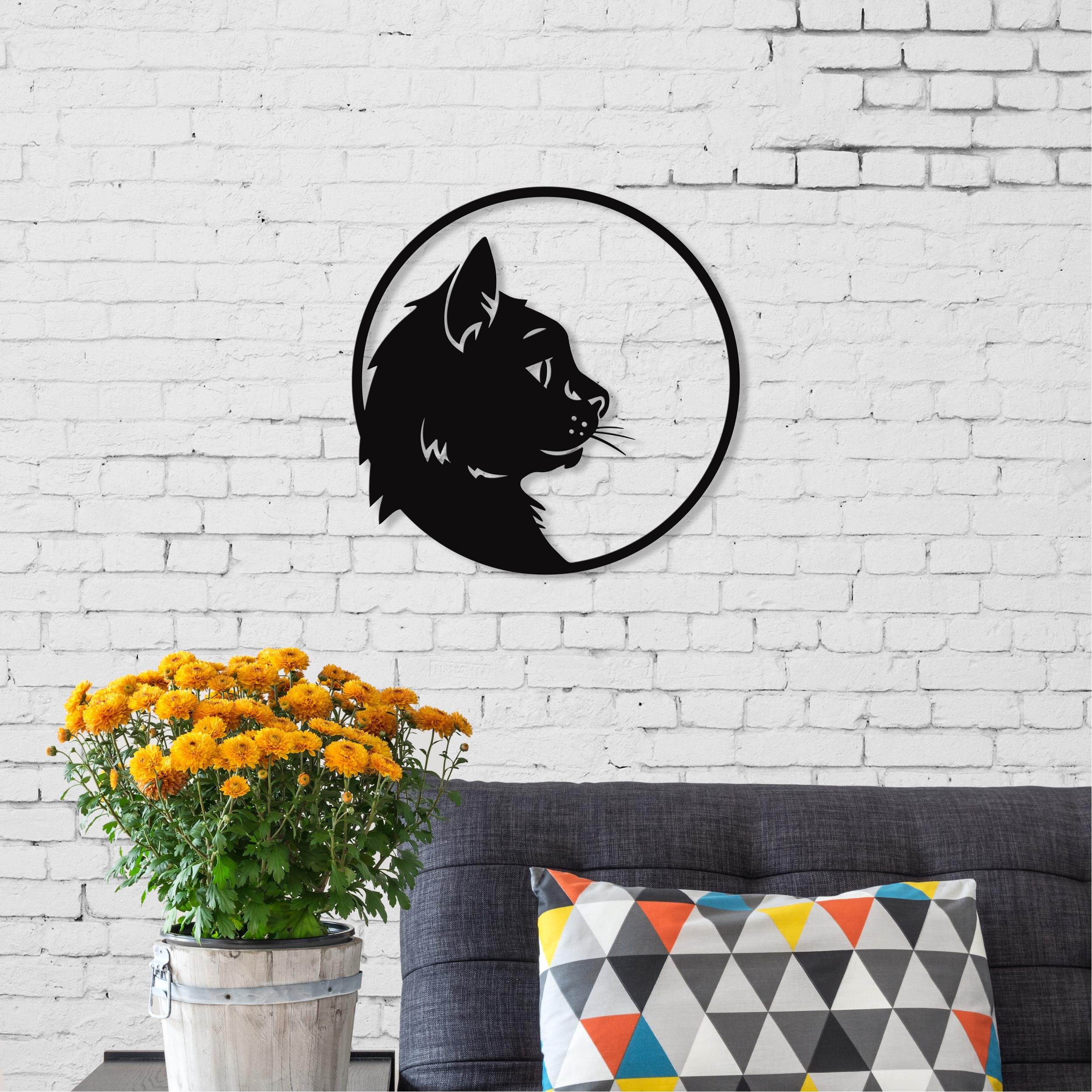 Decortie Metal Wall Art Cat Profile Metal Hanging - black